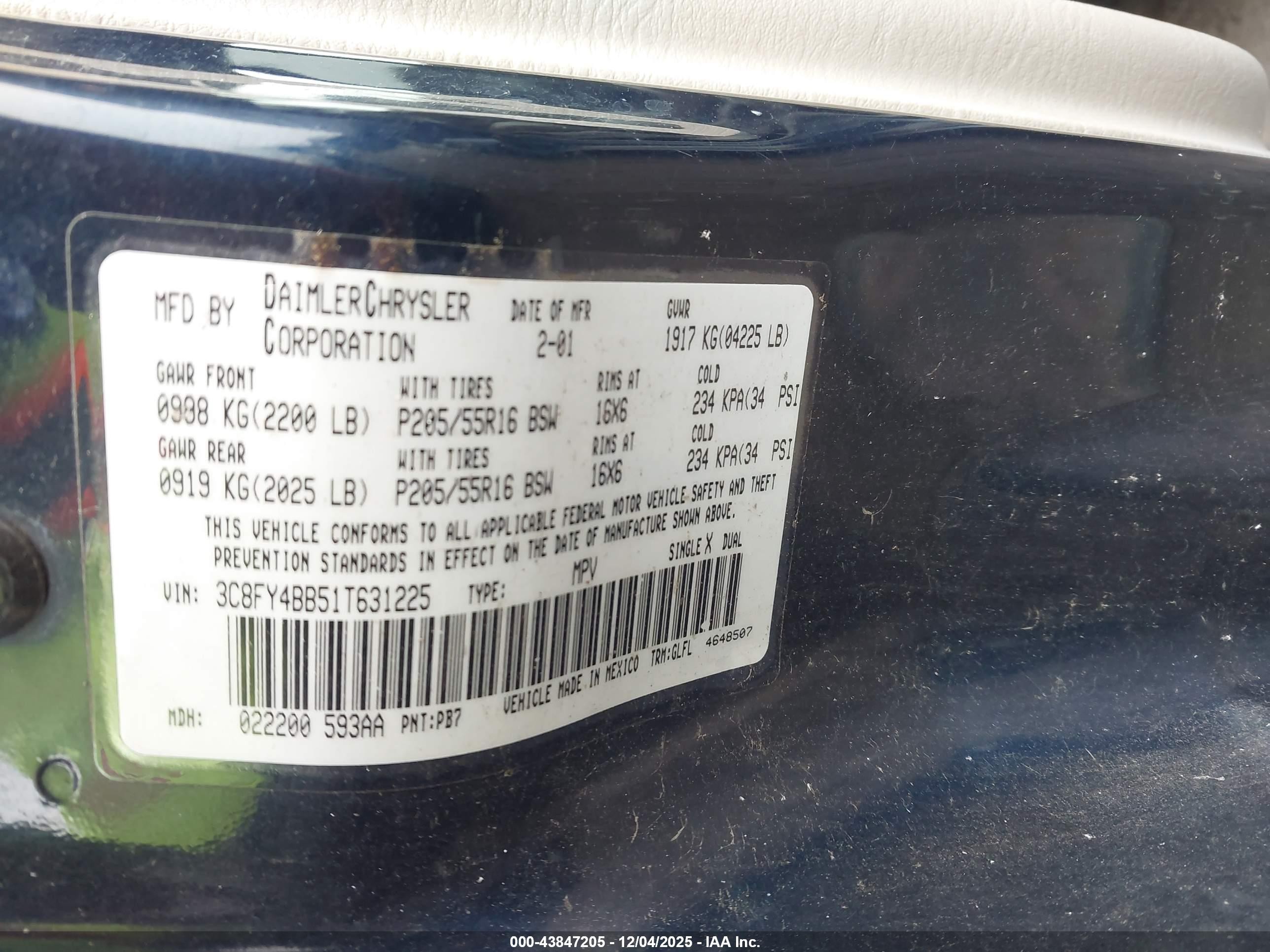 2001 Chrysler Pt Cruiser   Blue vin: 3C8FY4BB51T631225