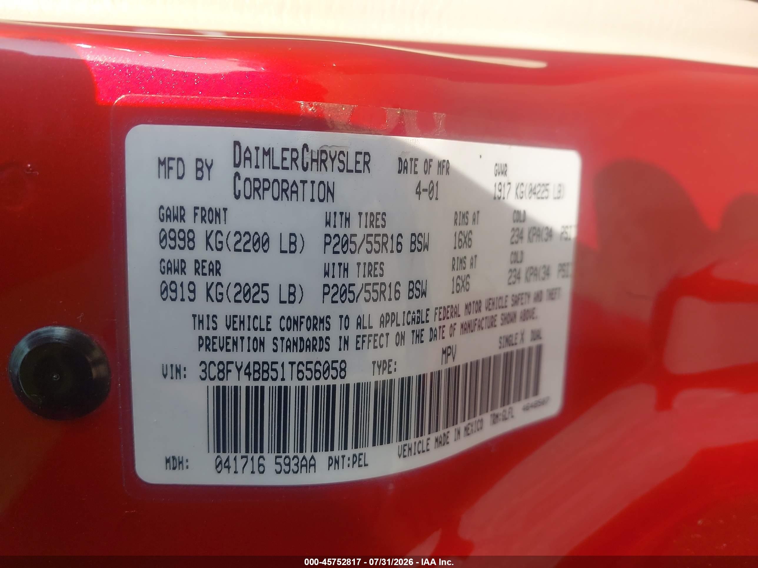 2001 Chrysler Pt Cruiser   Red vin: 3C8FY4BB51T656058