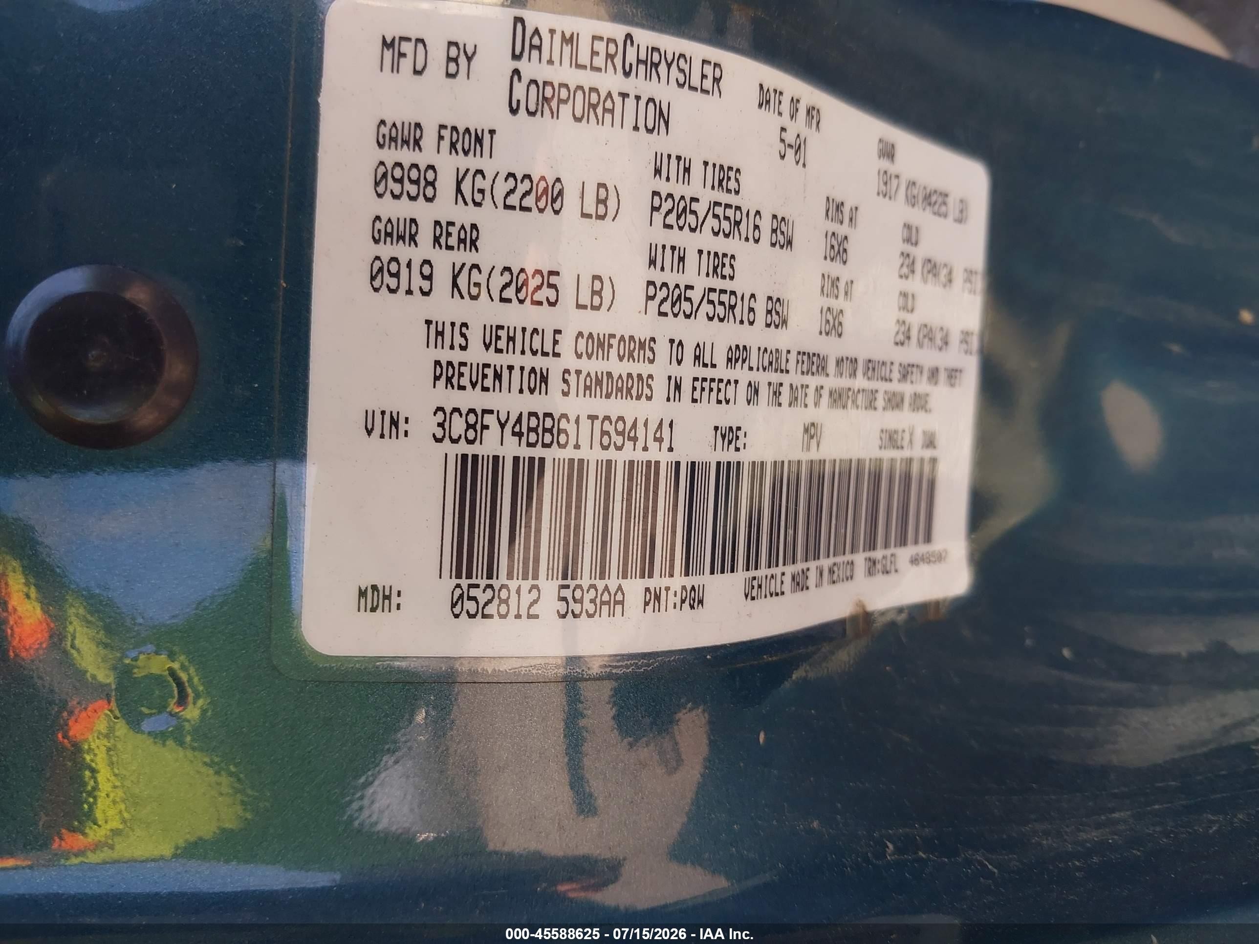 2001 Chrysler Pt Cruiser   Green vin: 3C8FY4BB61T694141