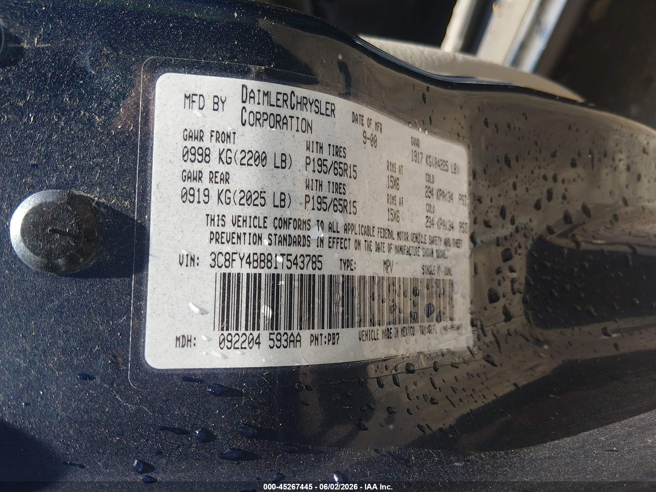 2001 Chrysler Pt Cruiser   Dark Blue vin: 3C8FY4BB81T543785