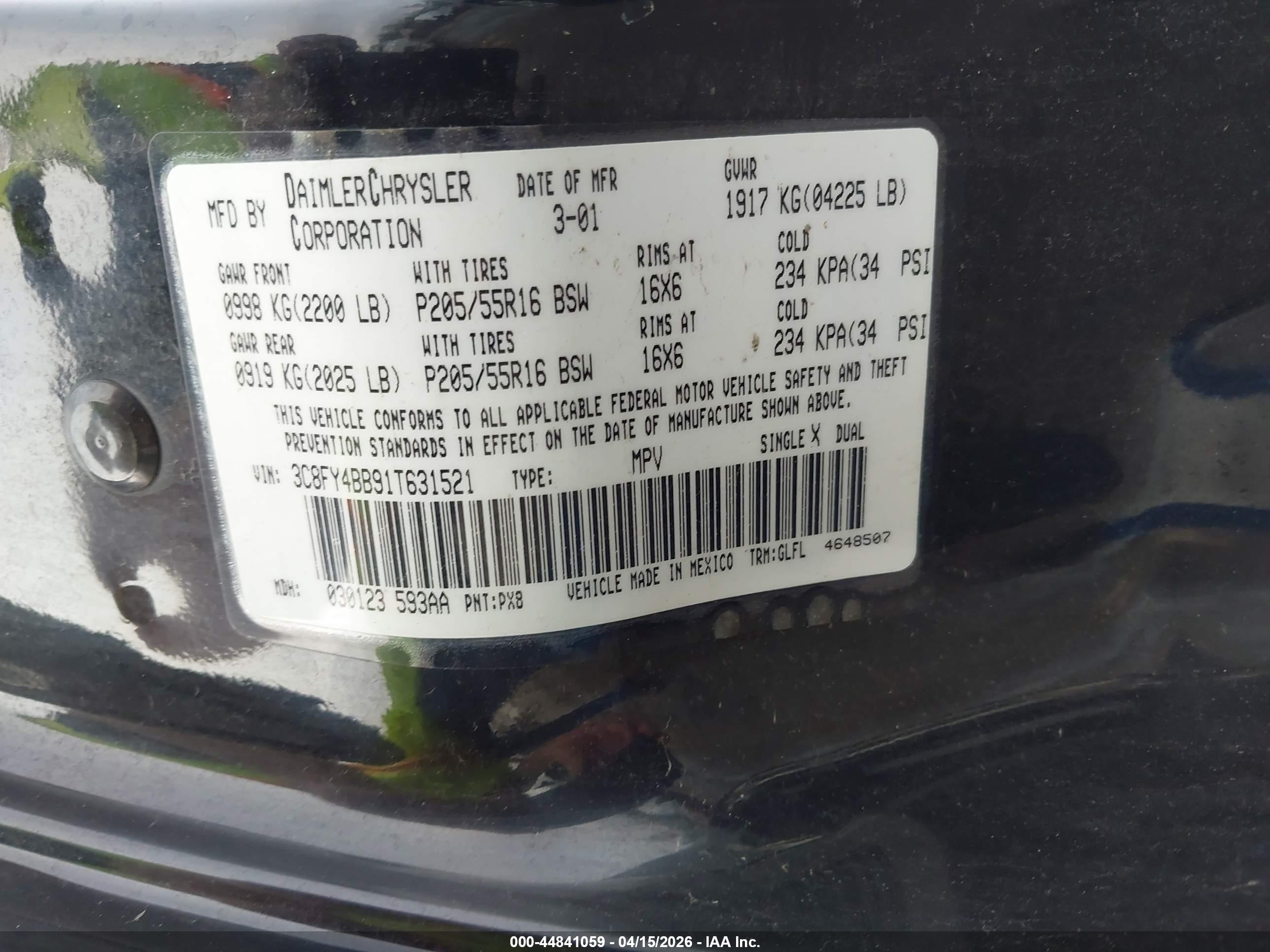 2001 Chrysler Pt Cruiser   Черный vin: 3C8FY4BB91T631521