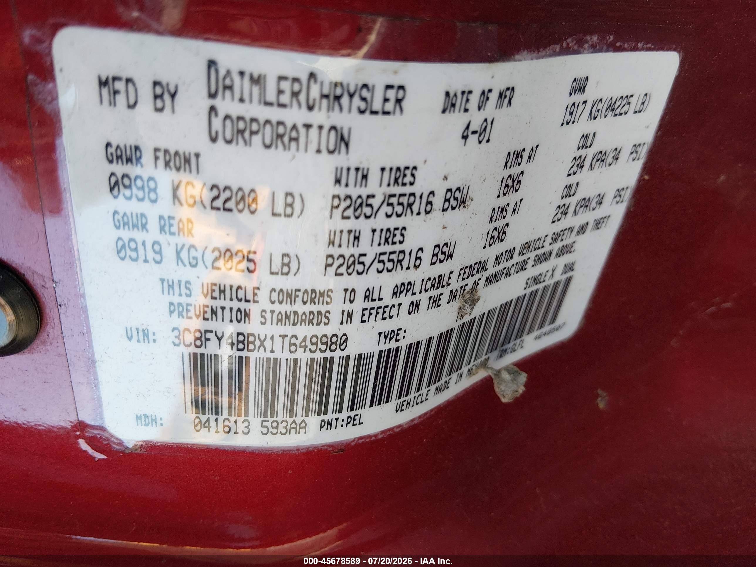2001 Chrysler Pt Cruiser   Red vin: 3C8FY4BBX1T649980