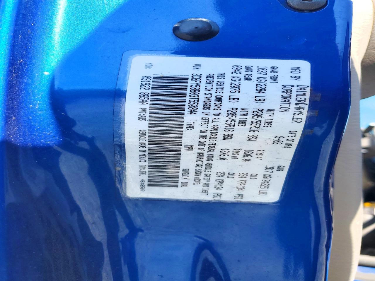2003 Chrysler Pt Cruiser Touring Blue vin: 3C8FY58B03T550844