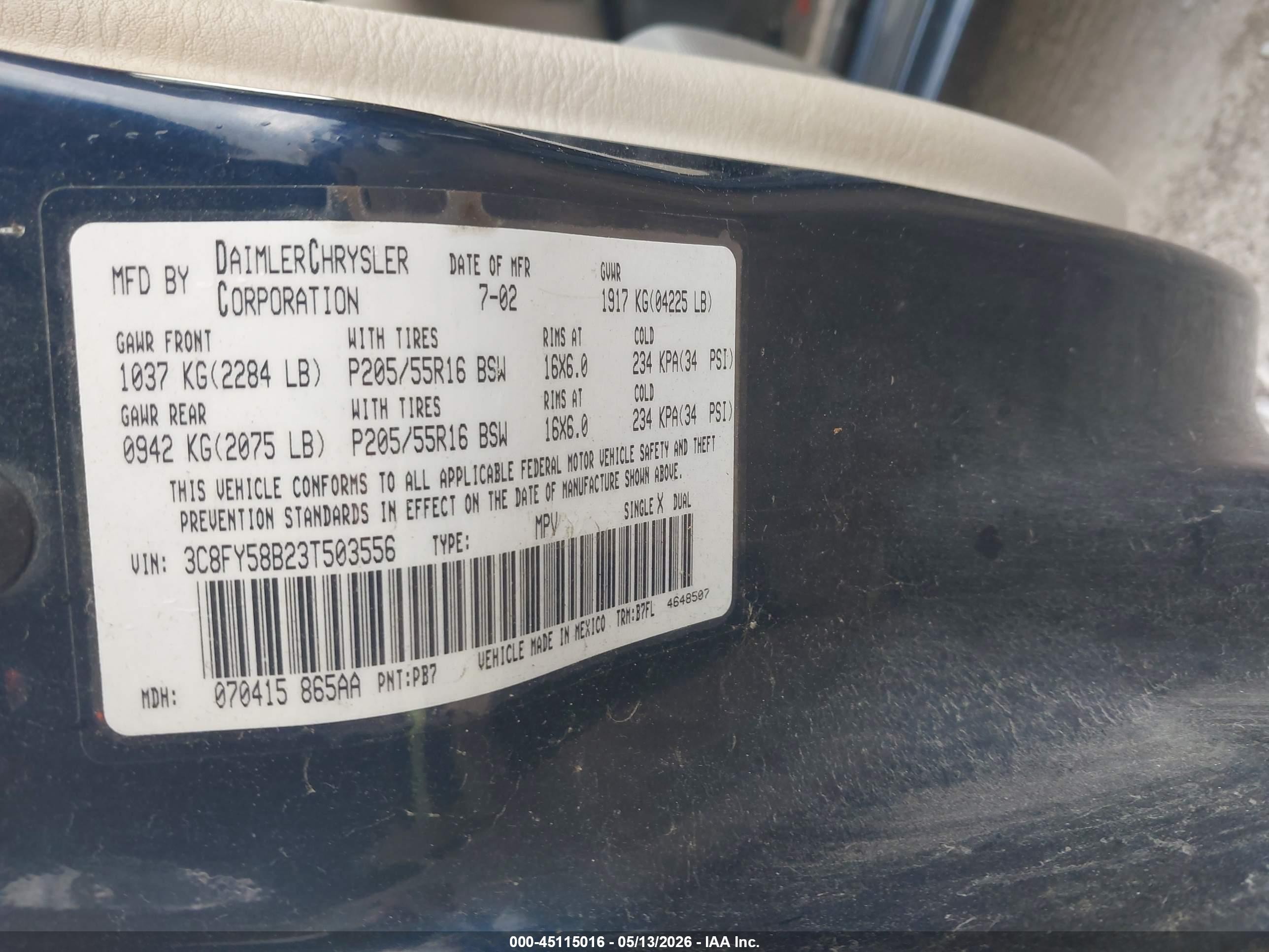 2003 Chrysler Pt Cruiser Touring Синий vin: 3C8FY58B23T503556