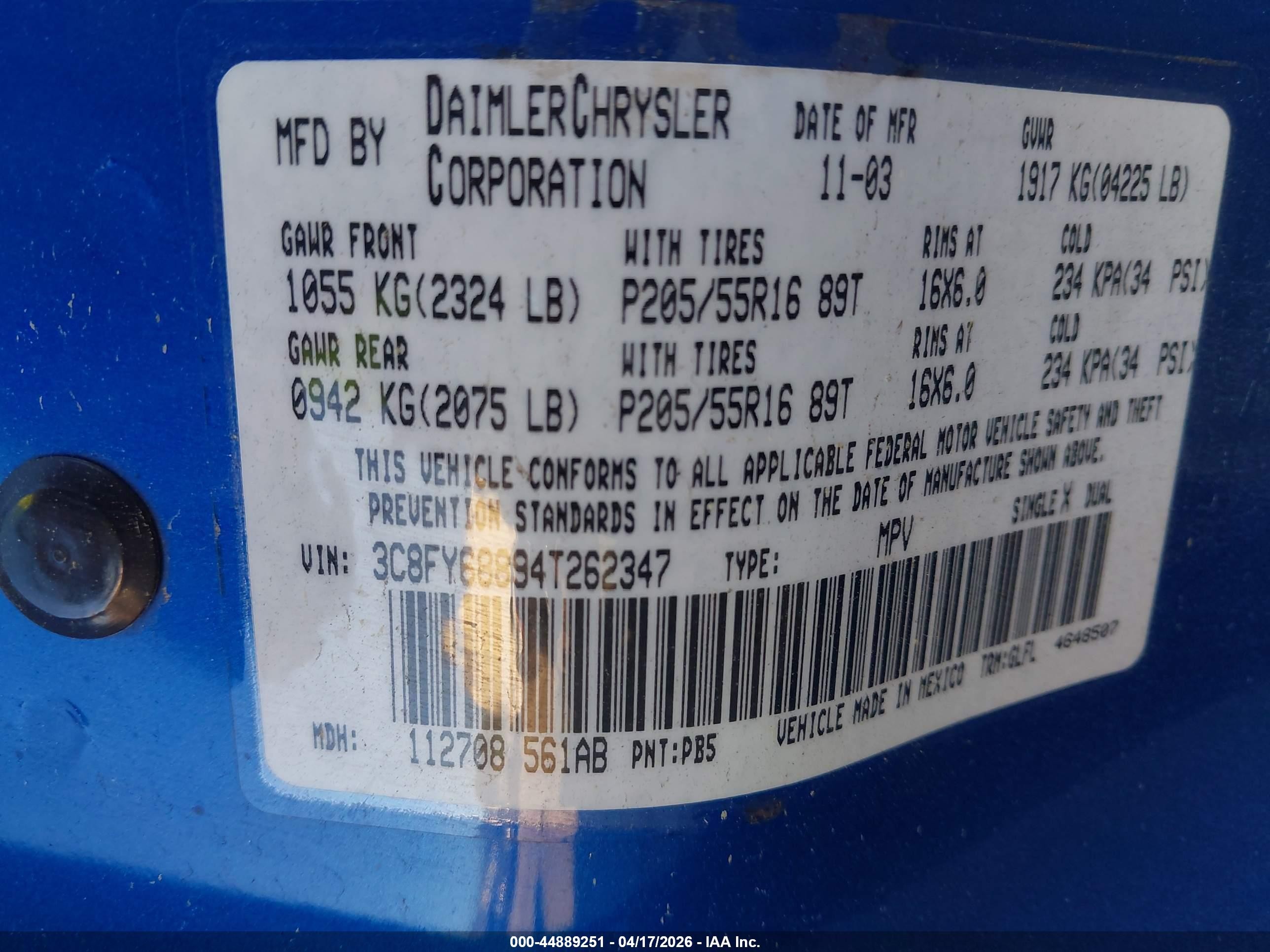2004 Chrysler Pt Cruiser Limited Blue vin: 3C8FY68894T262347