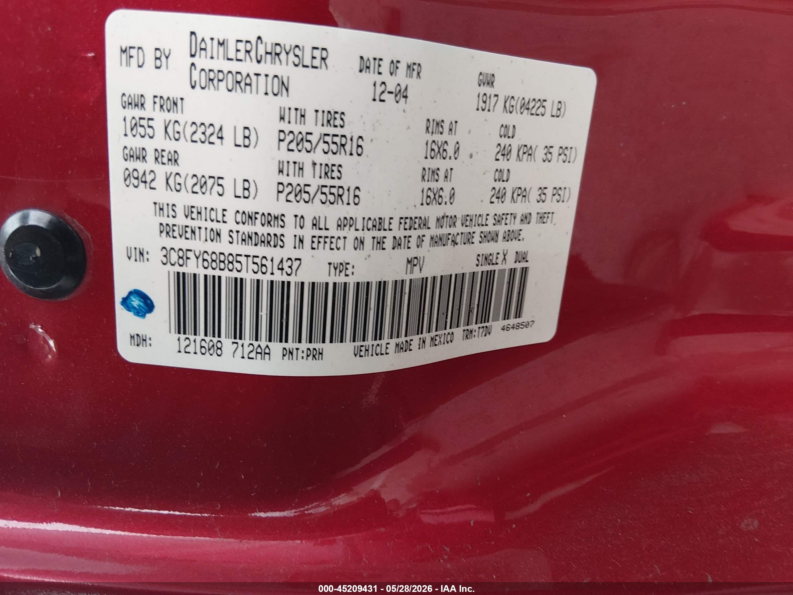 2005 Chrysler Pt Cruiser Limited Red vin: 3C8FY68B85T561437