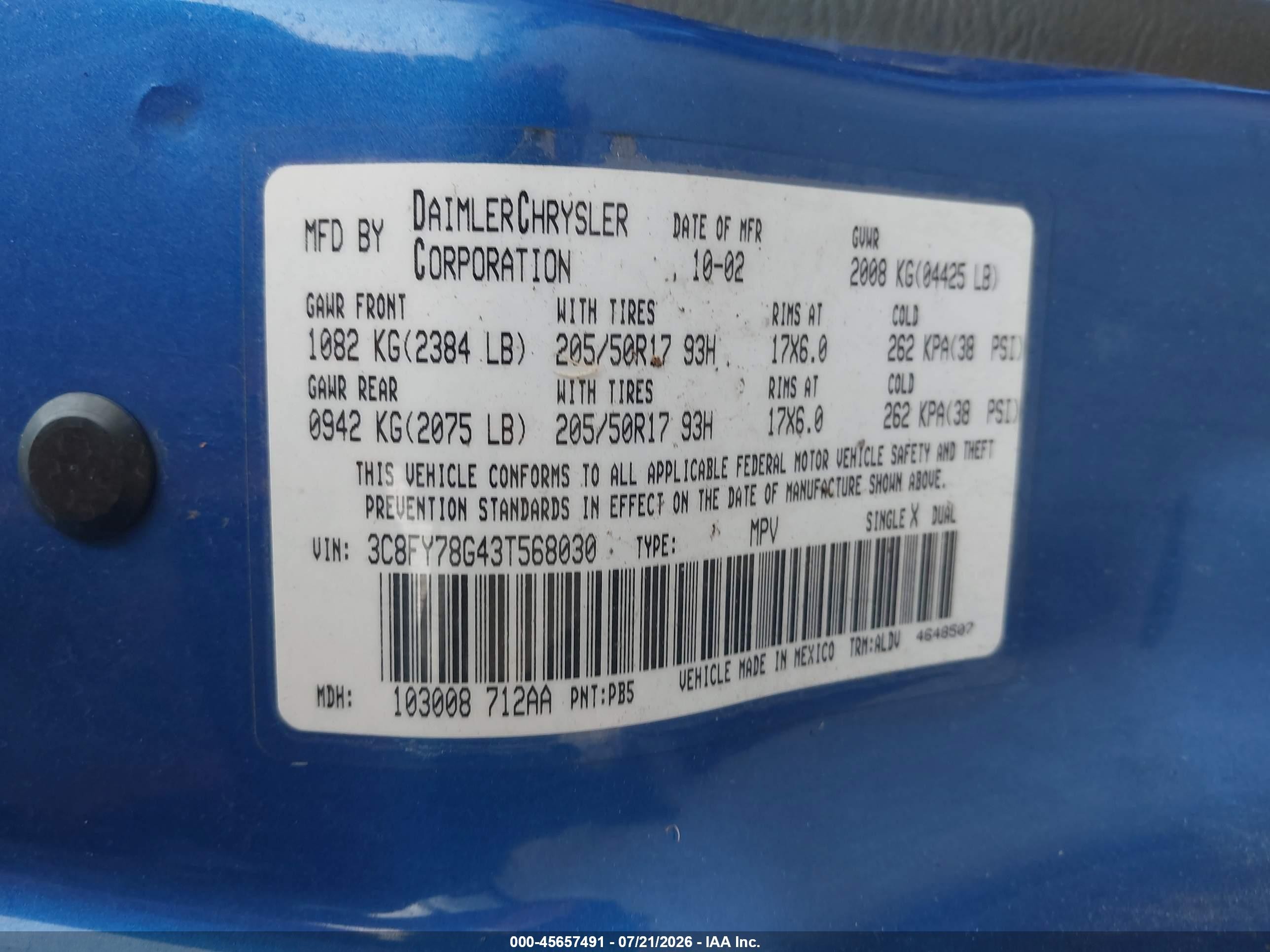 2003 Chrysler Pt Cruiser Gt Blue vin: 3C8FY78G43T568030