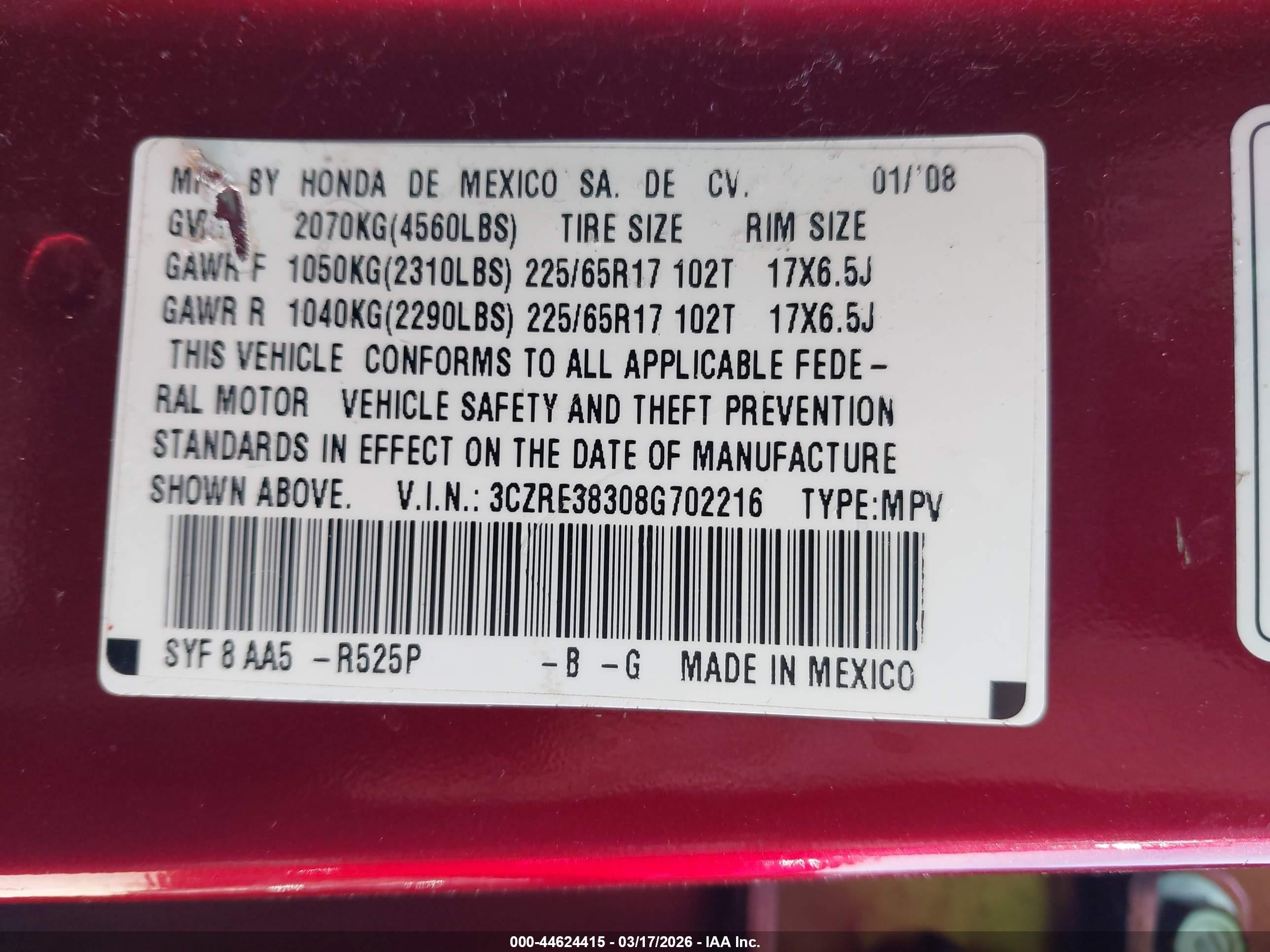 2008 Honda Cr-v Lx Red vin: 3CZRE38308G702216