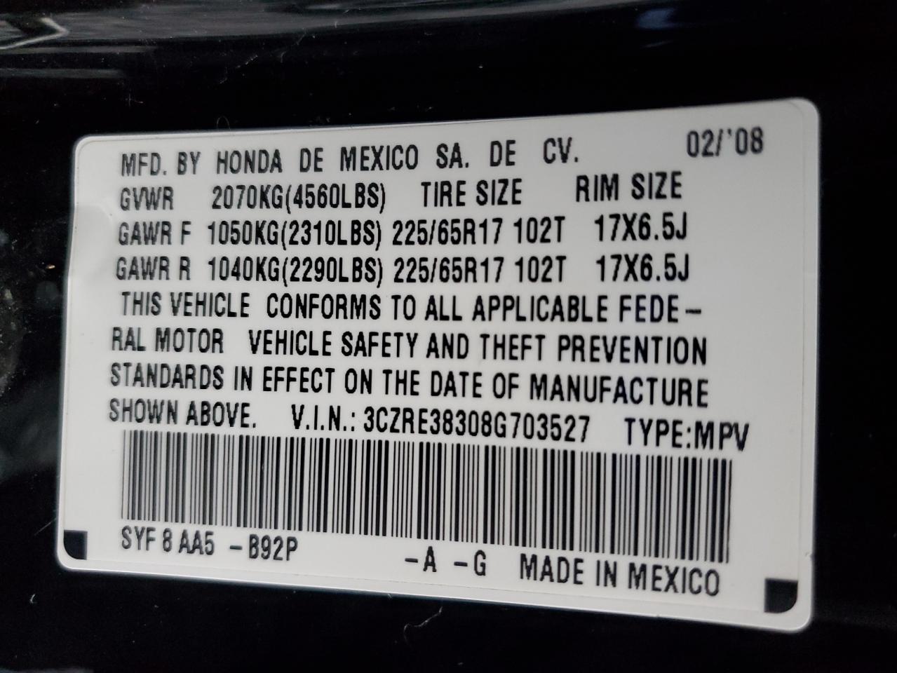 2008 Honda Cr-v Lx Black vin: 3CZRE38308G703527