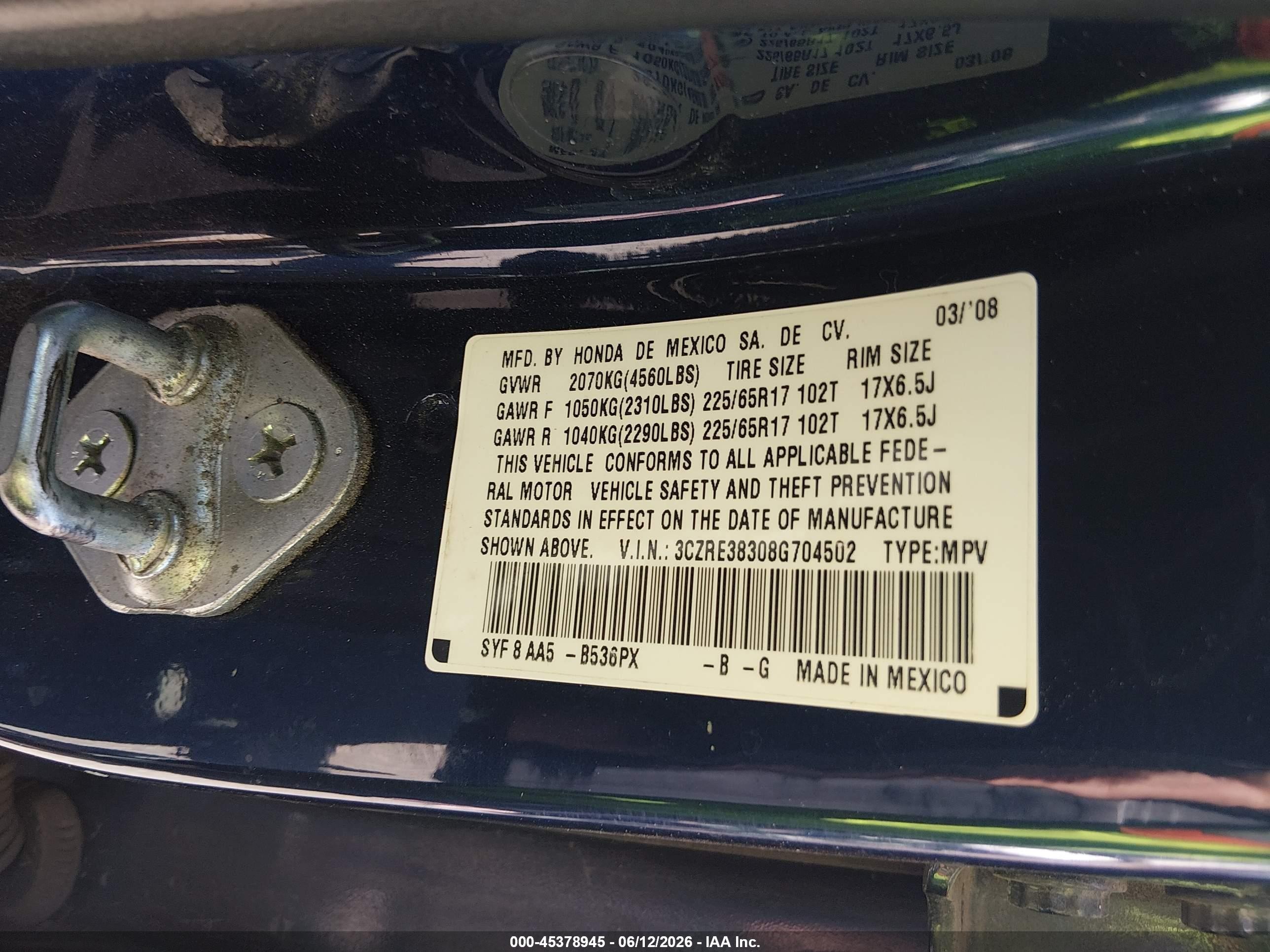 2008 Honda Cr-v Lx Blue vin: 3CZRE38308G704502