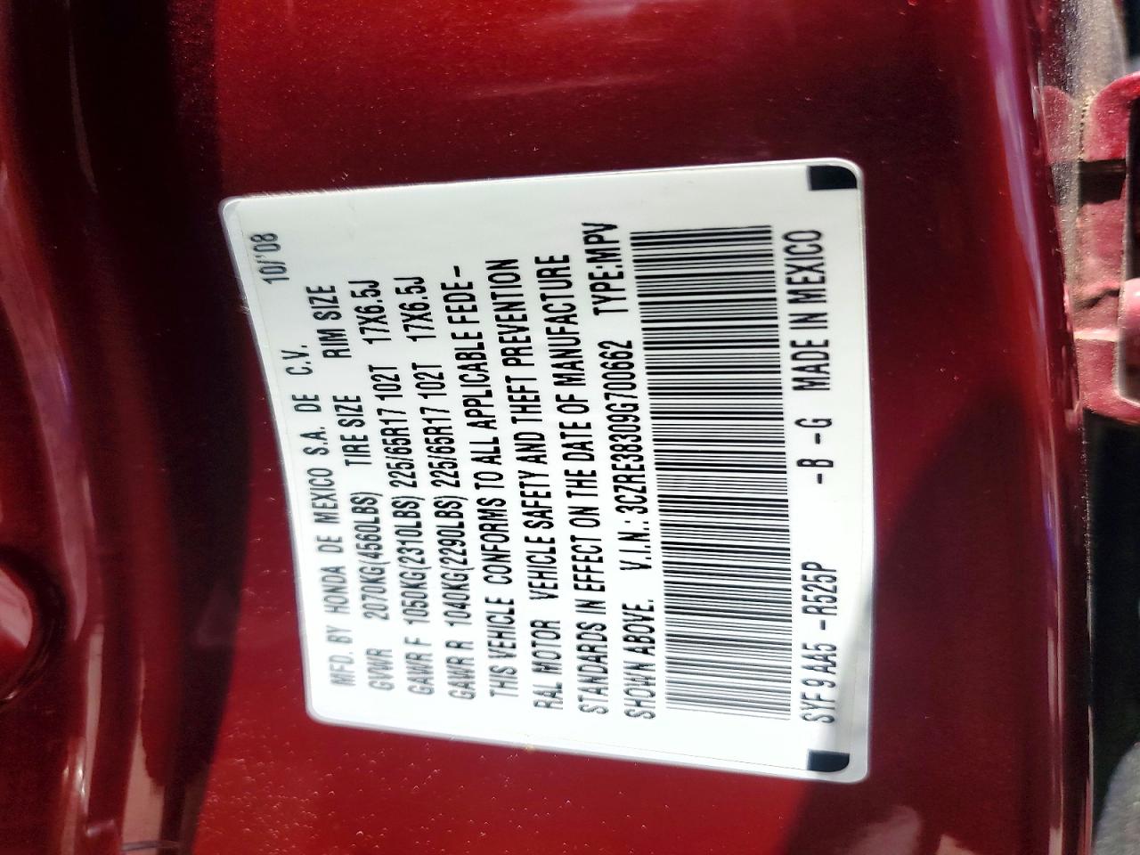 2009 Honda Cr-v Lx Red vin: 3CZRE38309G700662