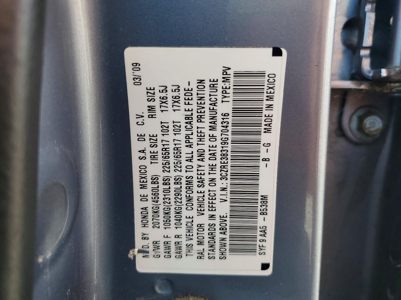 2009 Honda Cr-v Blue vin: 3CZRE38319G704316