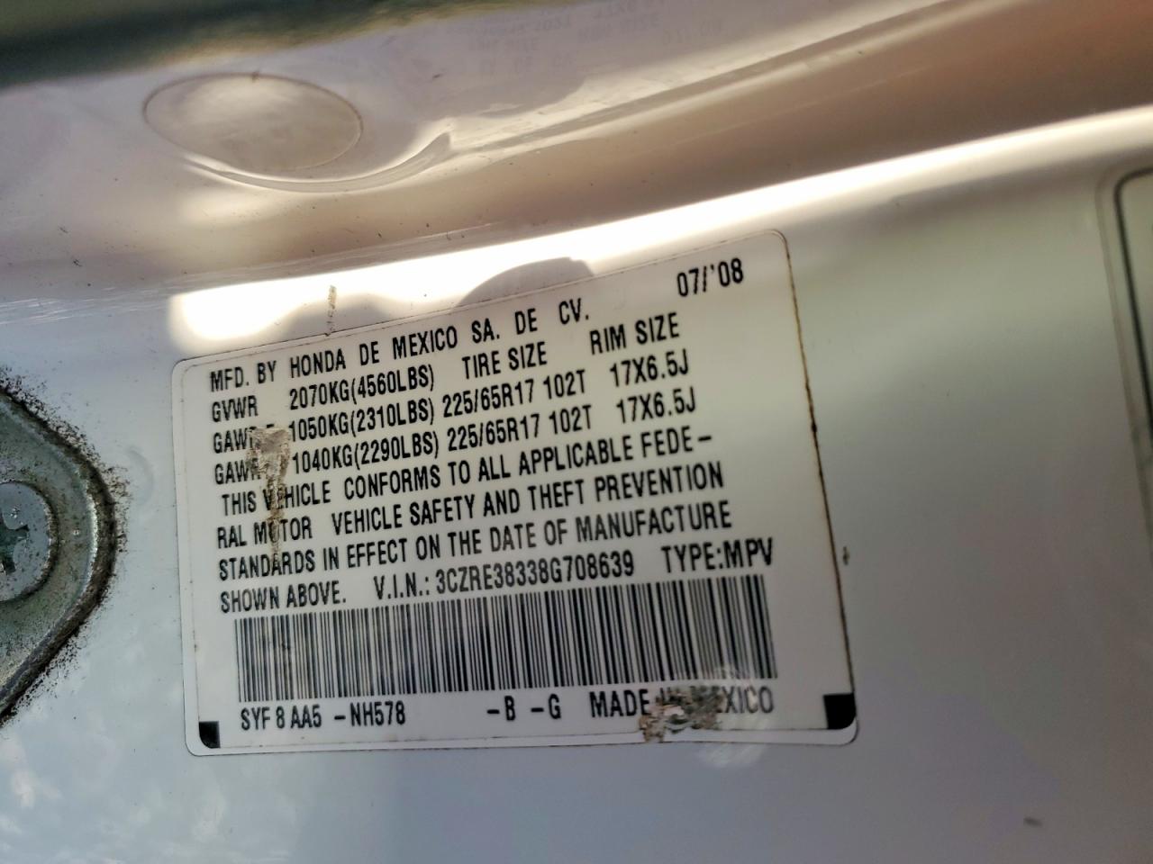 2008 Honda Cr-v Lx White vin: 3CZRE38338G708639