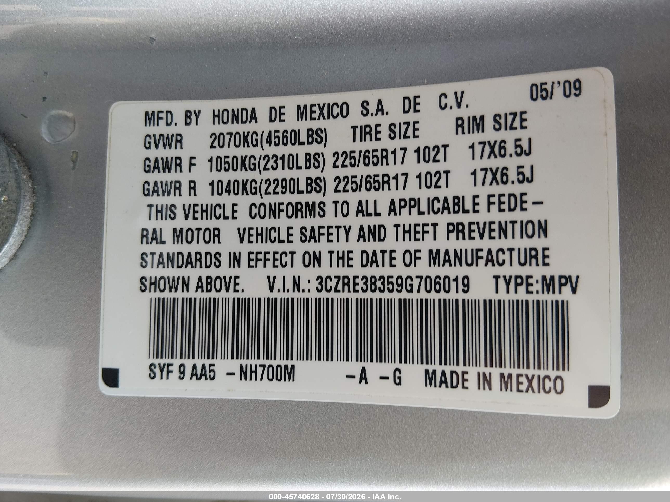 2009 Honda Cr-v Lx Silver vin: 3CZRE38359G706019
