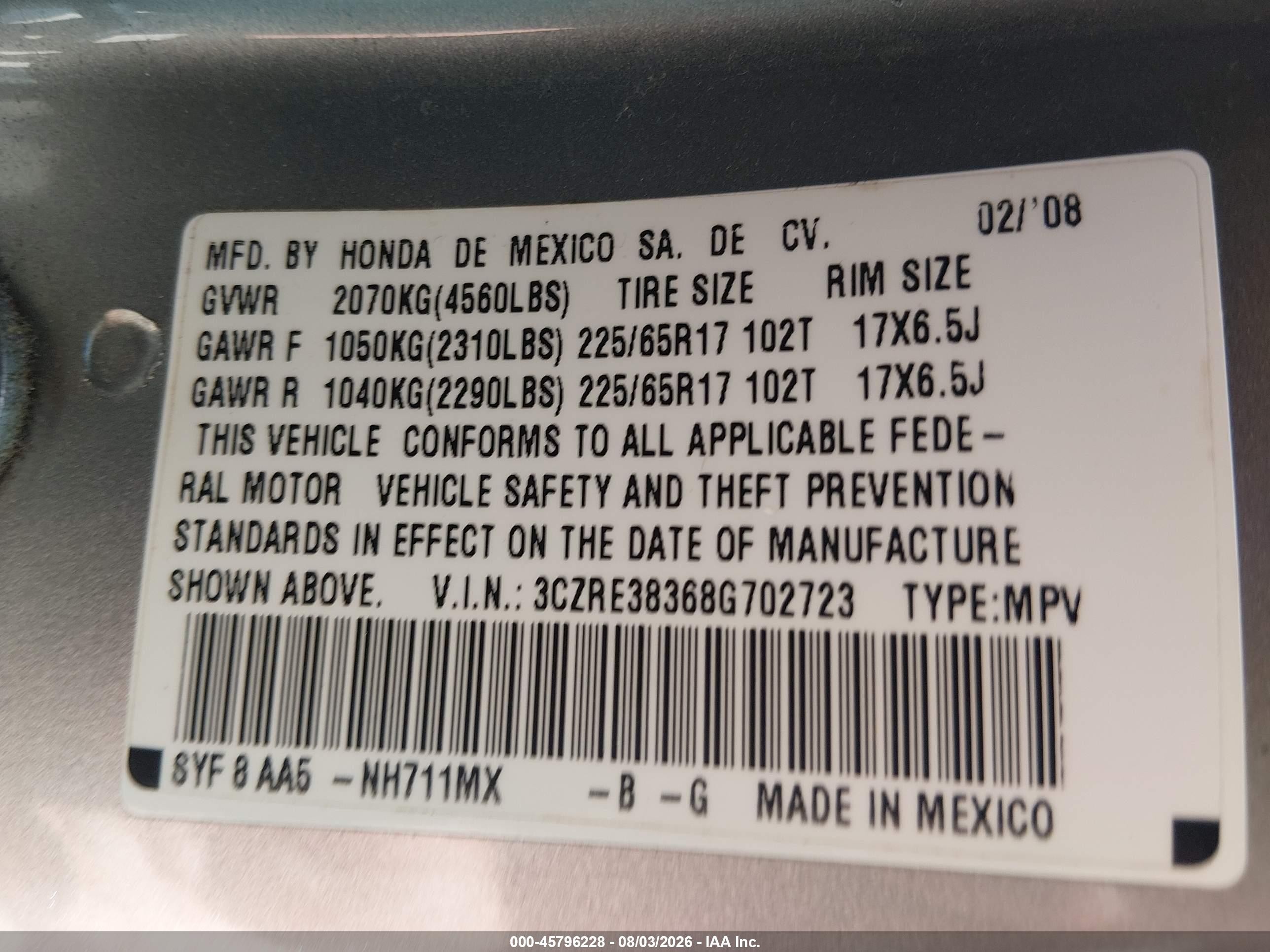 2008 Honda Cr-v Lx Silver vin: 3CZRE38368G702723