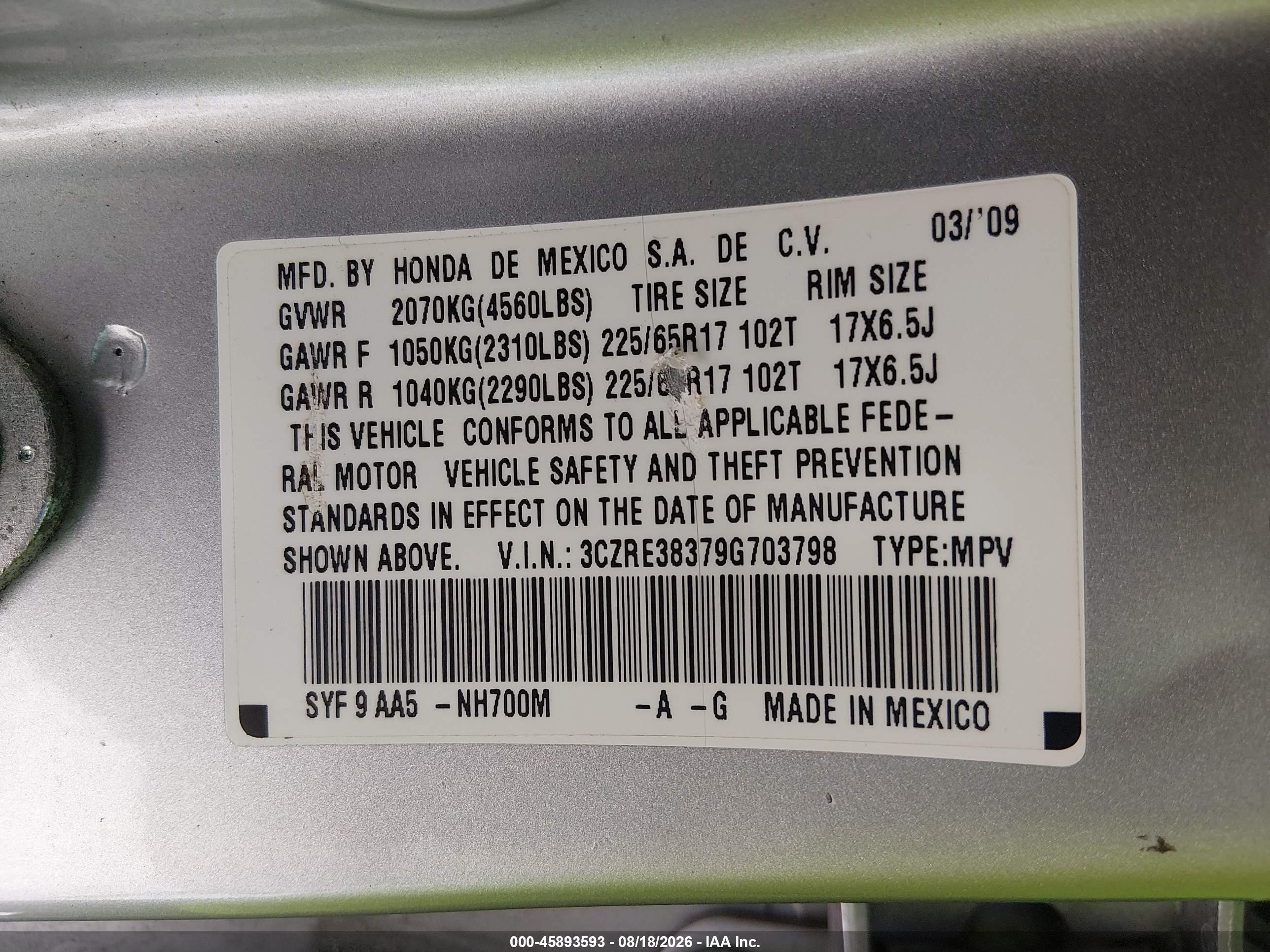 2009 Honda Cr-v Lx Silver vin: 3CZRE38379G703798