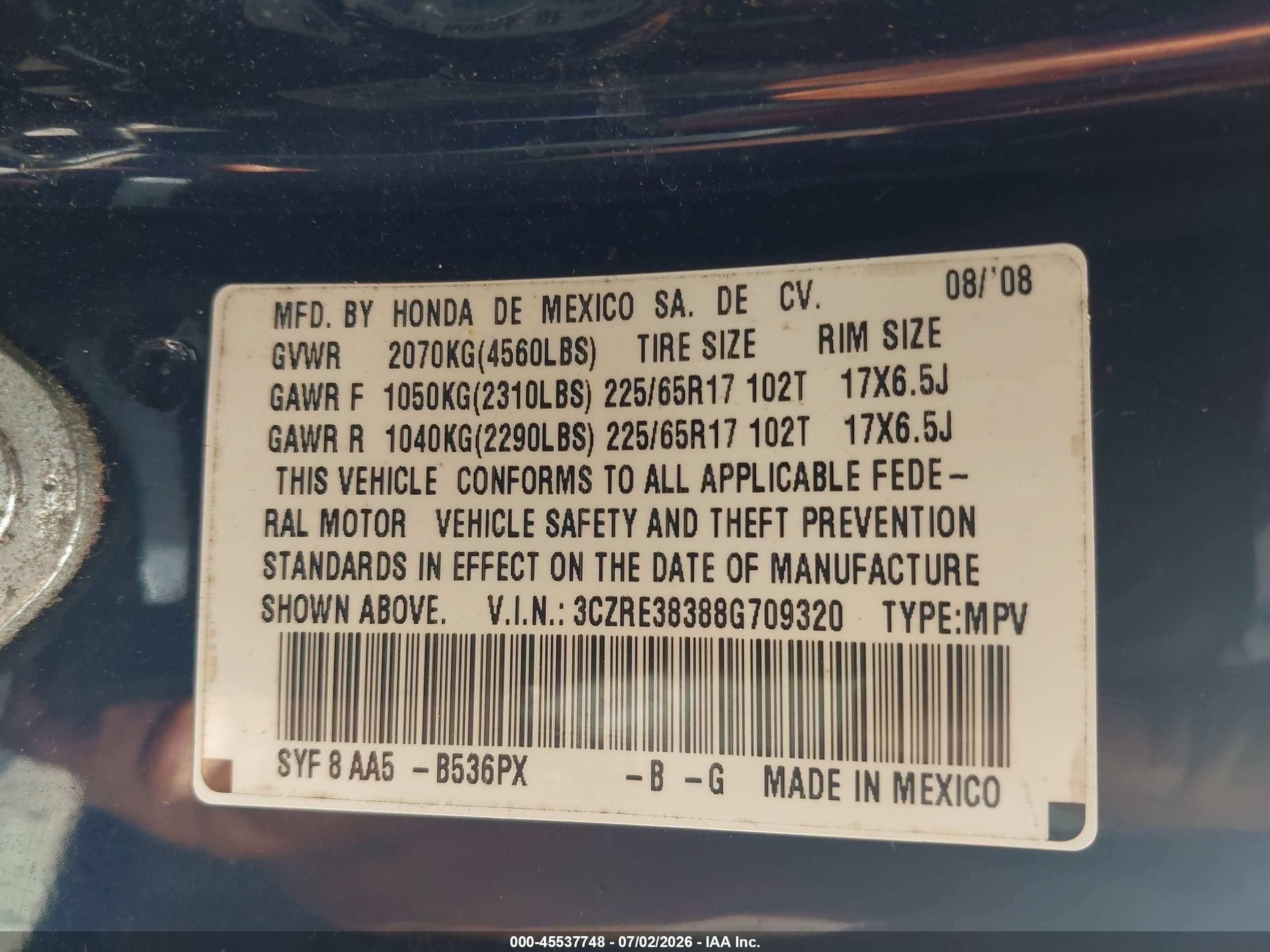 2008 Honda Cr-v Lx Blue vin: 3CZRE38388G709320