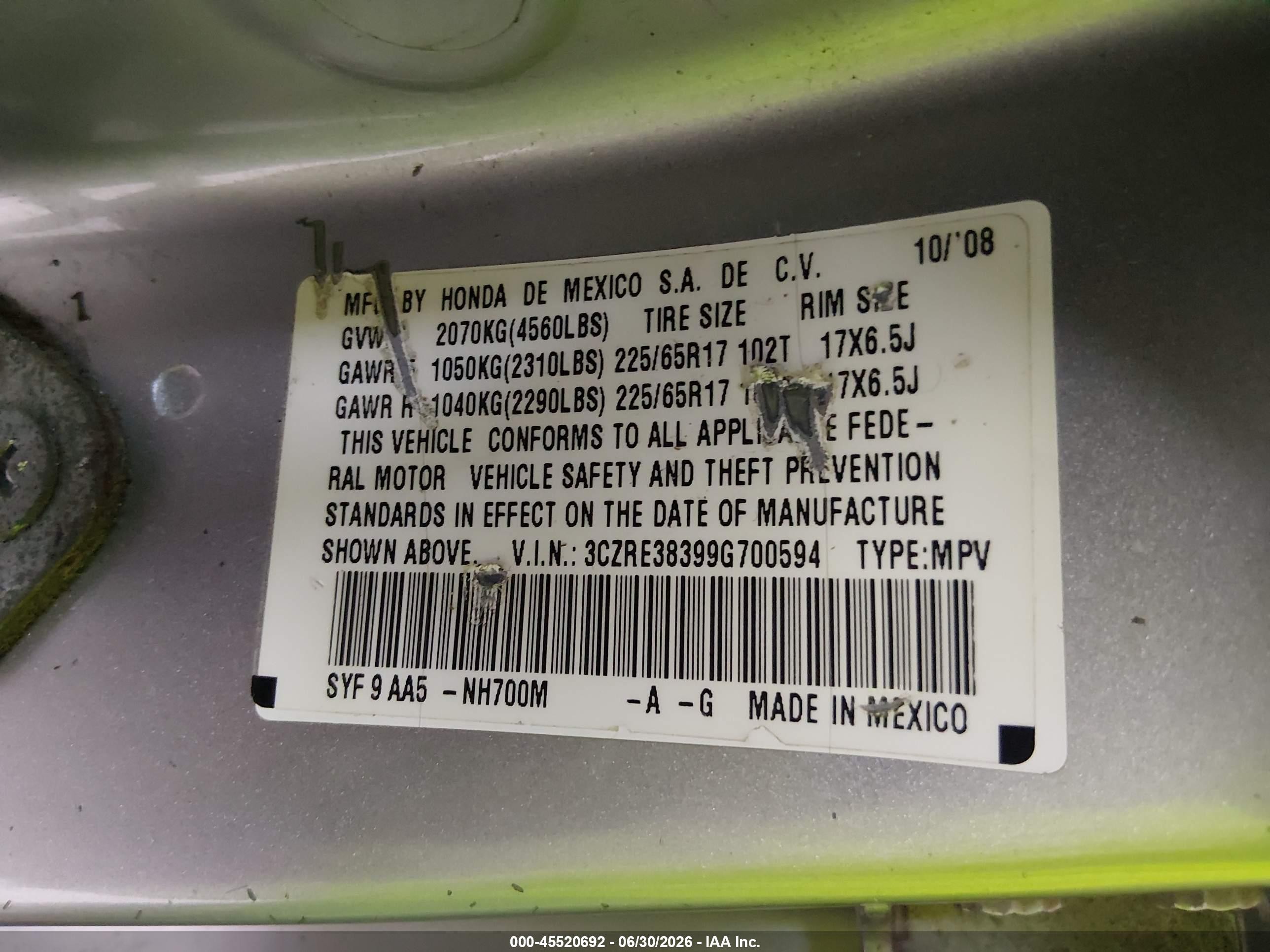 2009 Honda Cr-v Lx Silver vin: 3CZRE38399G700594