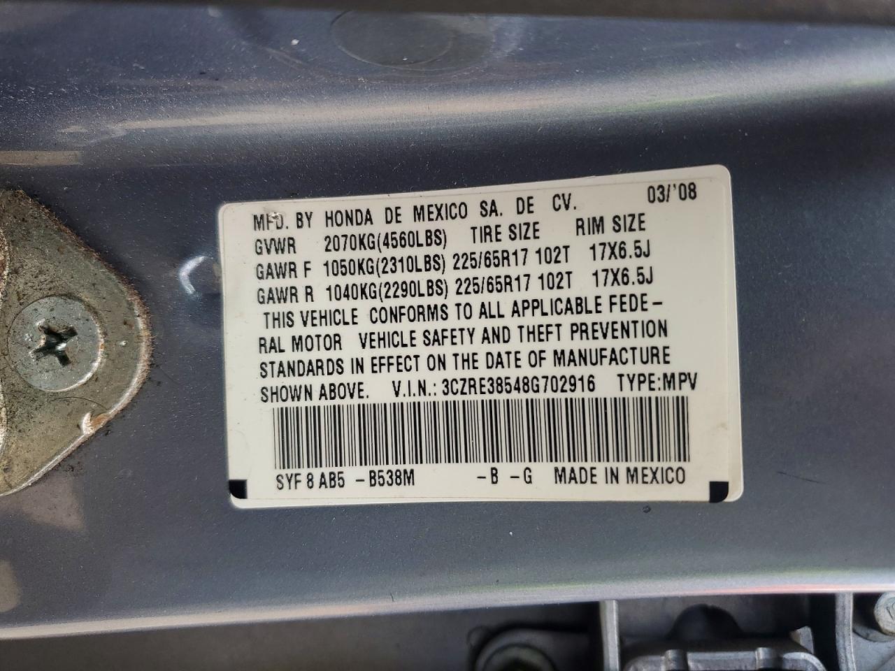 2008 Honda Cr-v Ex Blue vin: 3CZRE38548G702916
