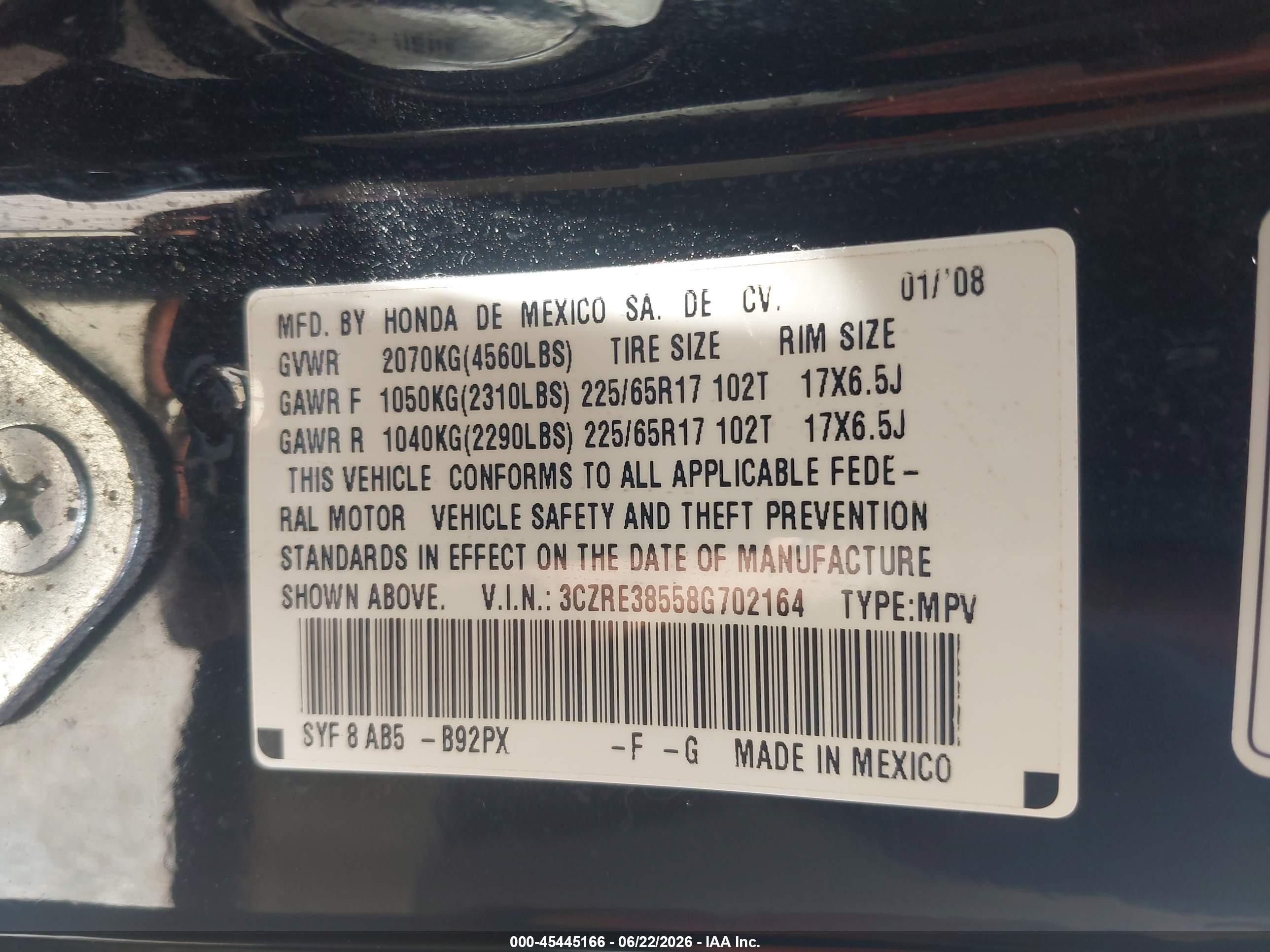 2008 Honda Cr-v Ex Черный vin: 3CZRE38558G702164
