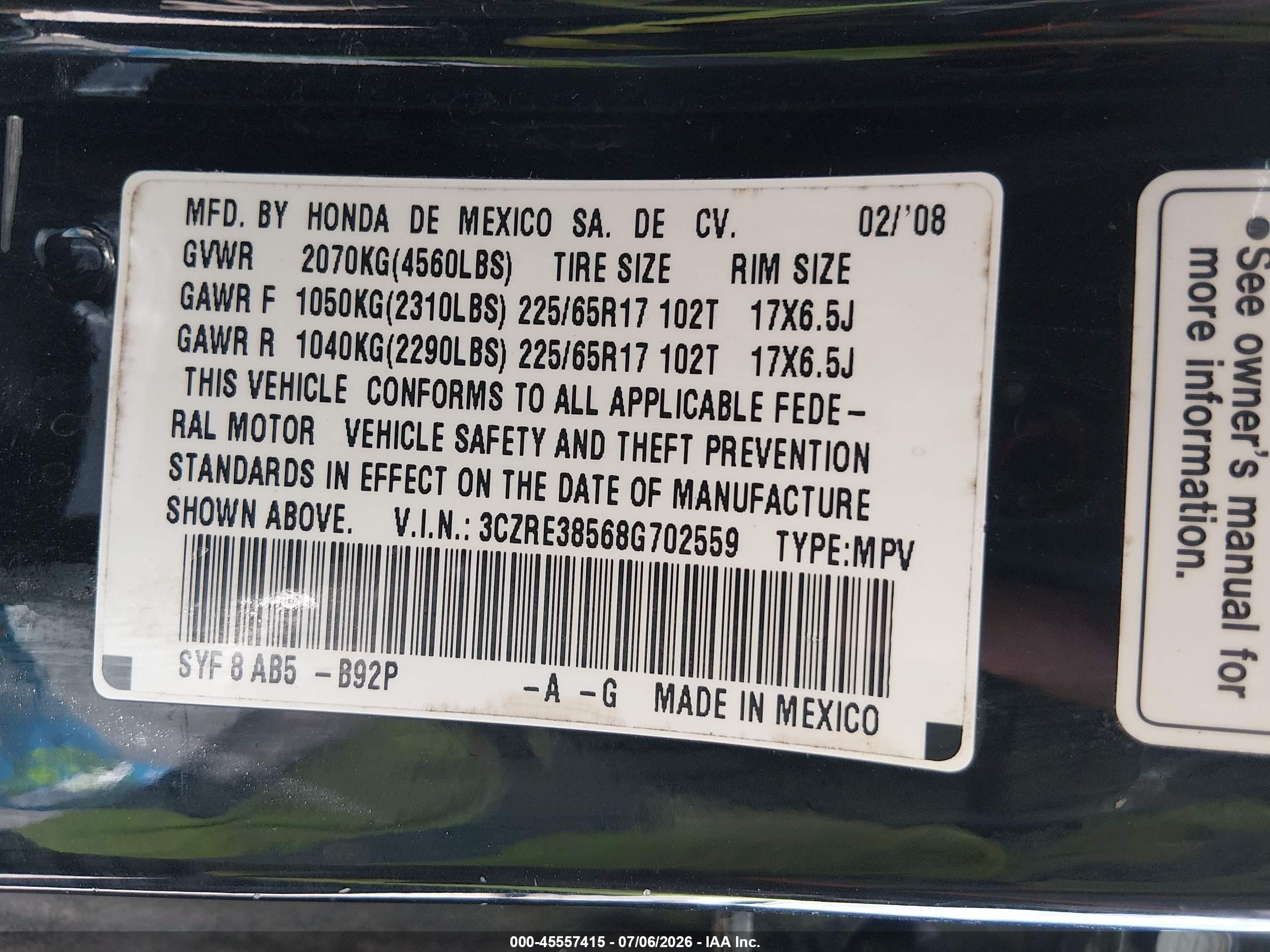 2008 Honda Cr-v Ex Black vin: 3CZRE38568G702559