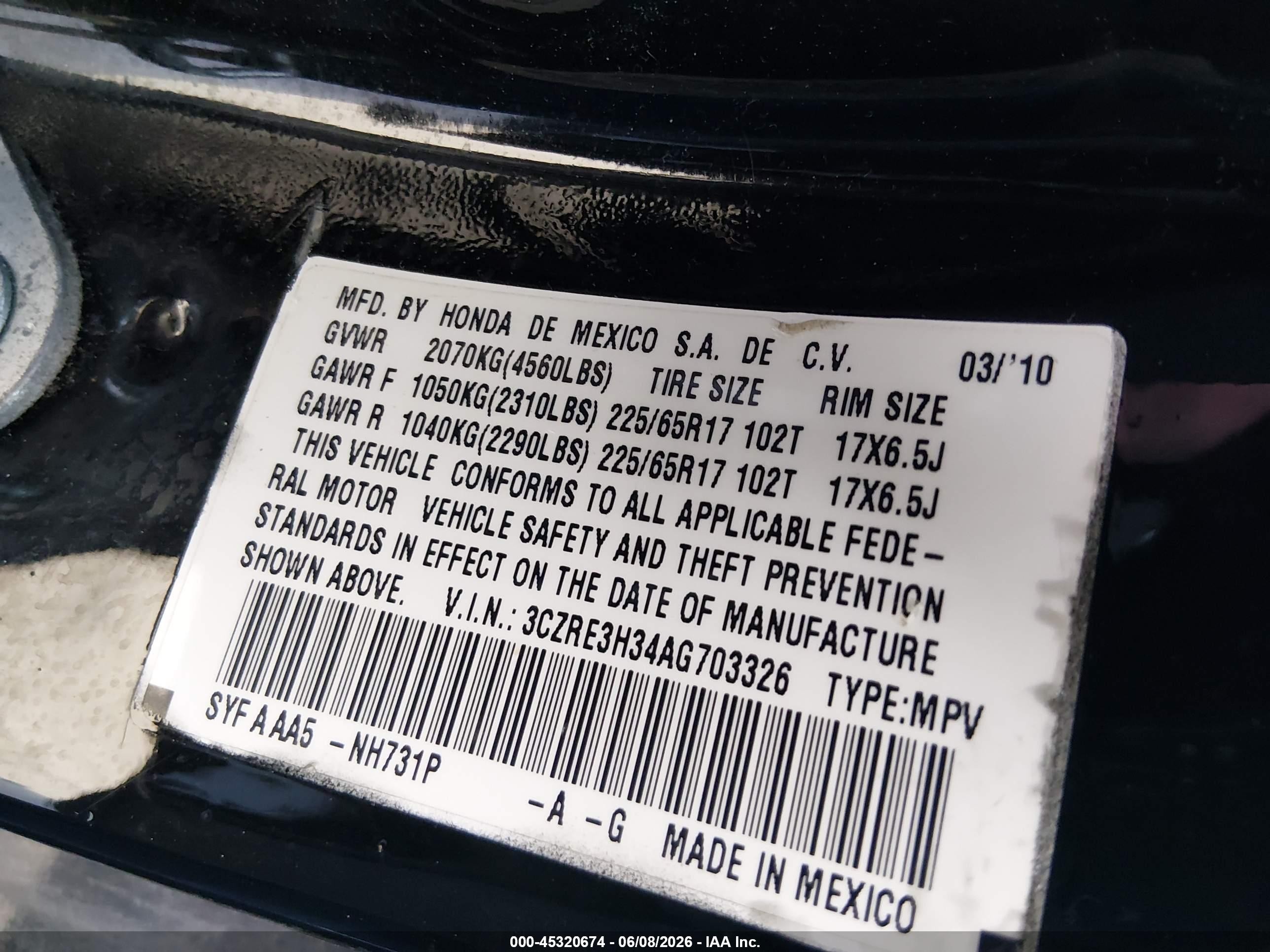2010 Honda Cr-v Lx Black vin: 3CZRE3H34AG703326