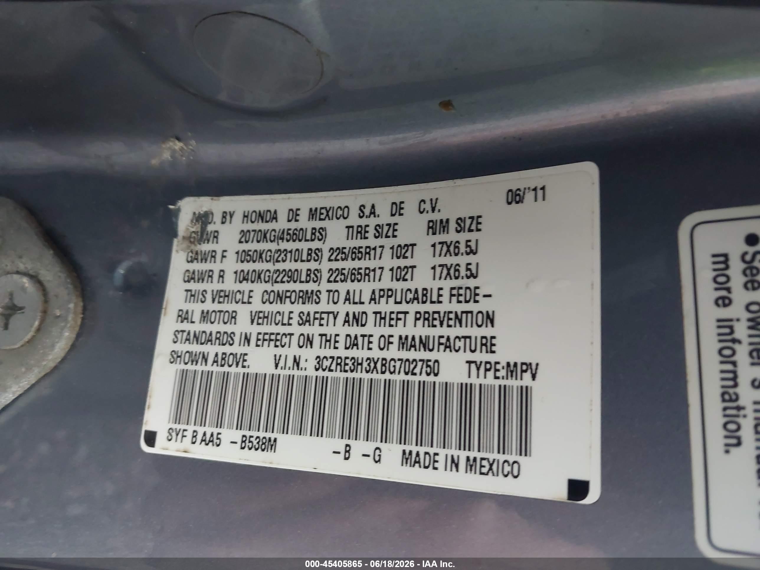 2011 Honda Cr-v Lx Blue vin: 3CZRE3H3XBG702750