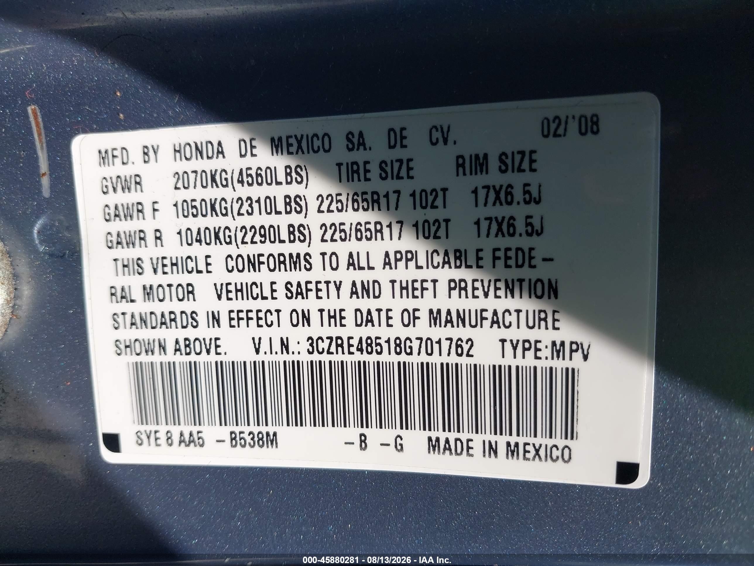 2008 Honda Cr-v Ex Blue vin: 3CZRE48518G701762