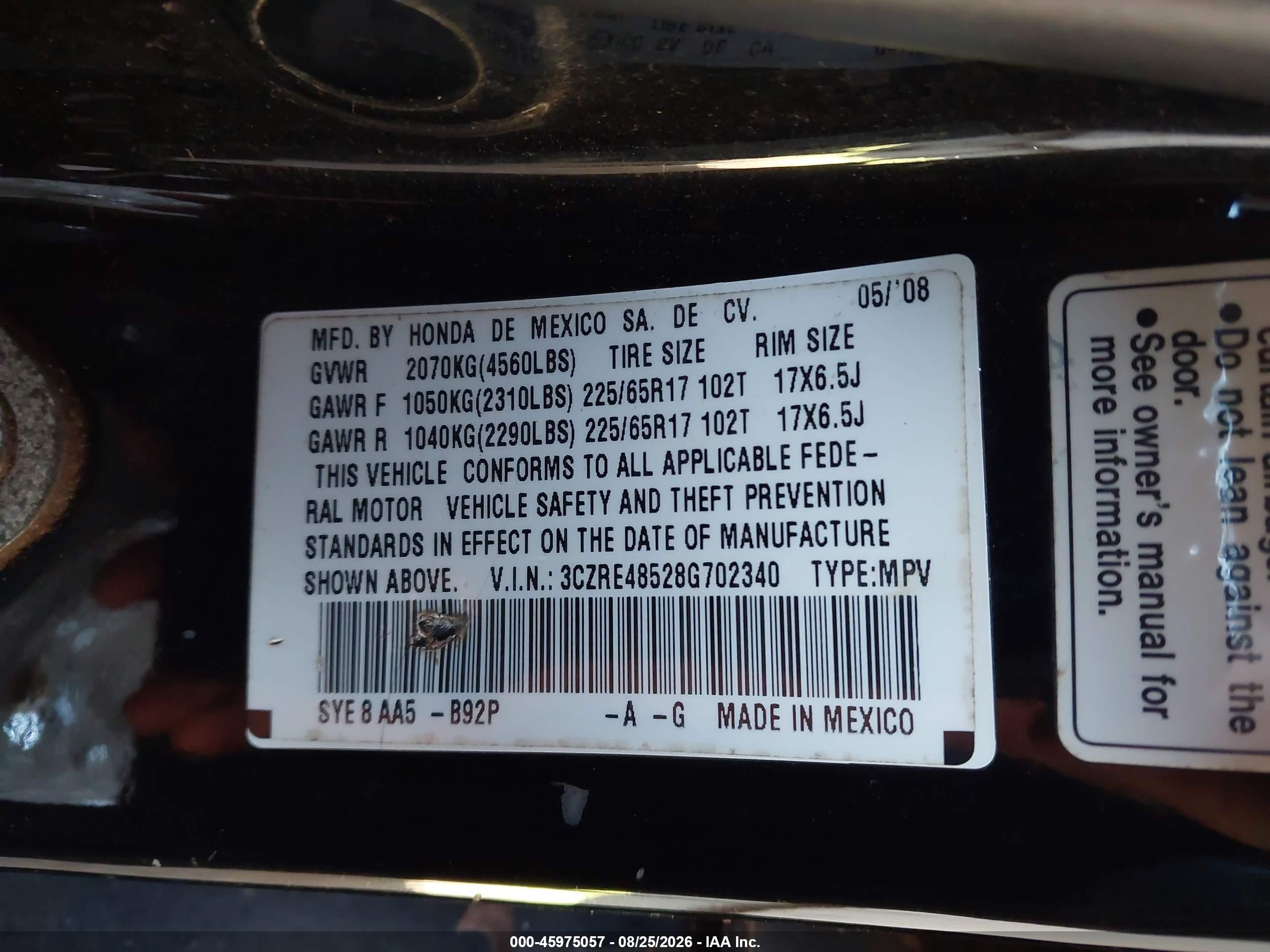 2008 Honda Cr-v Ex Black vin: 3CZRE48528G702340