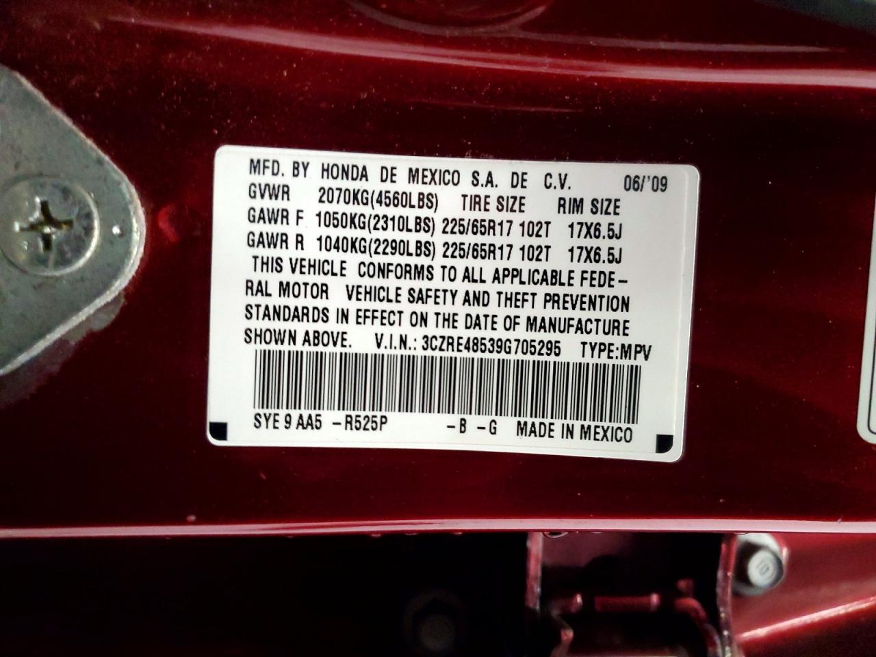 2009 Honda Cr-v Ex Red vin: 3CZRE48539G705295
