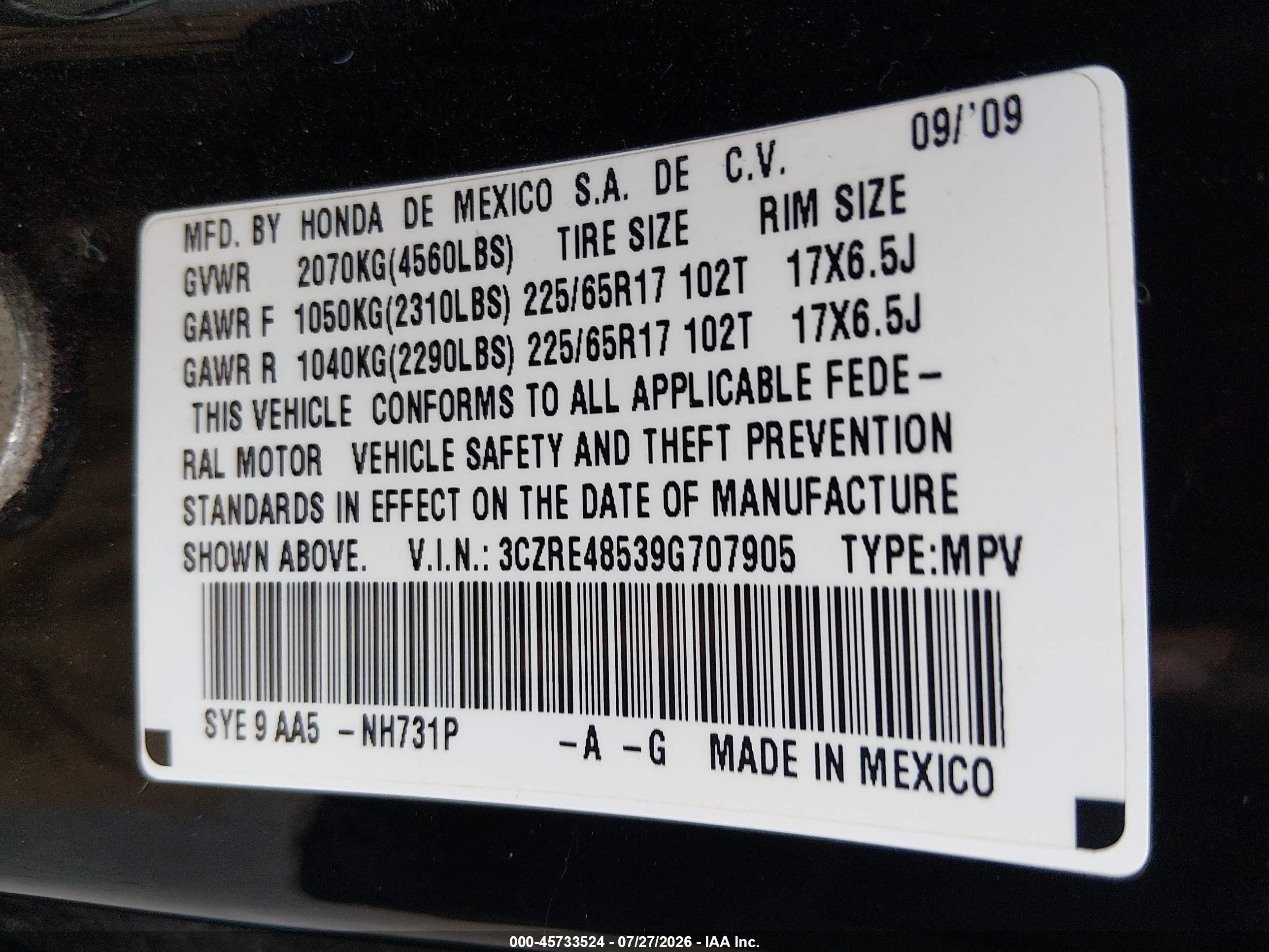 2009 Honda Cr-v Ex Black vin: 3CZRE48539G707905