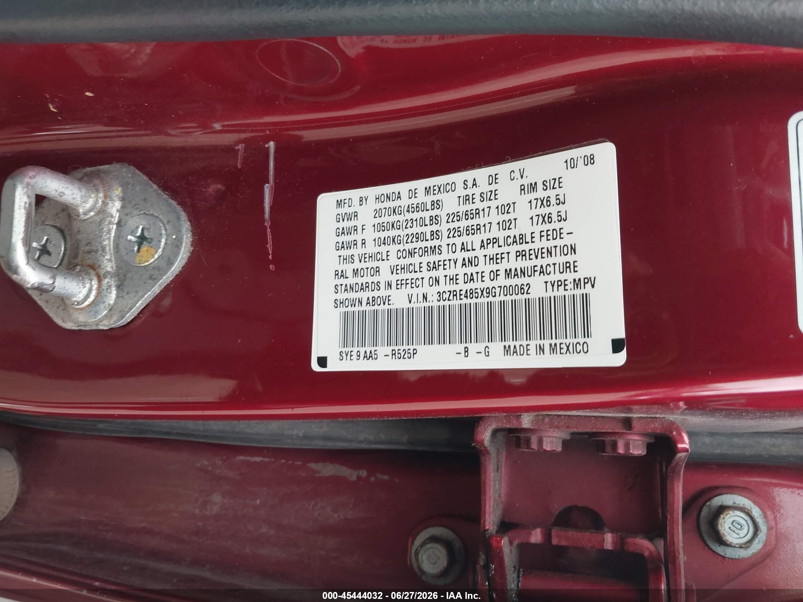 2009 Honda Cr-v Ex Red vin: 3CZRE485X9G700062