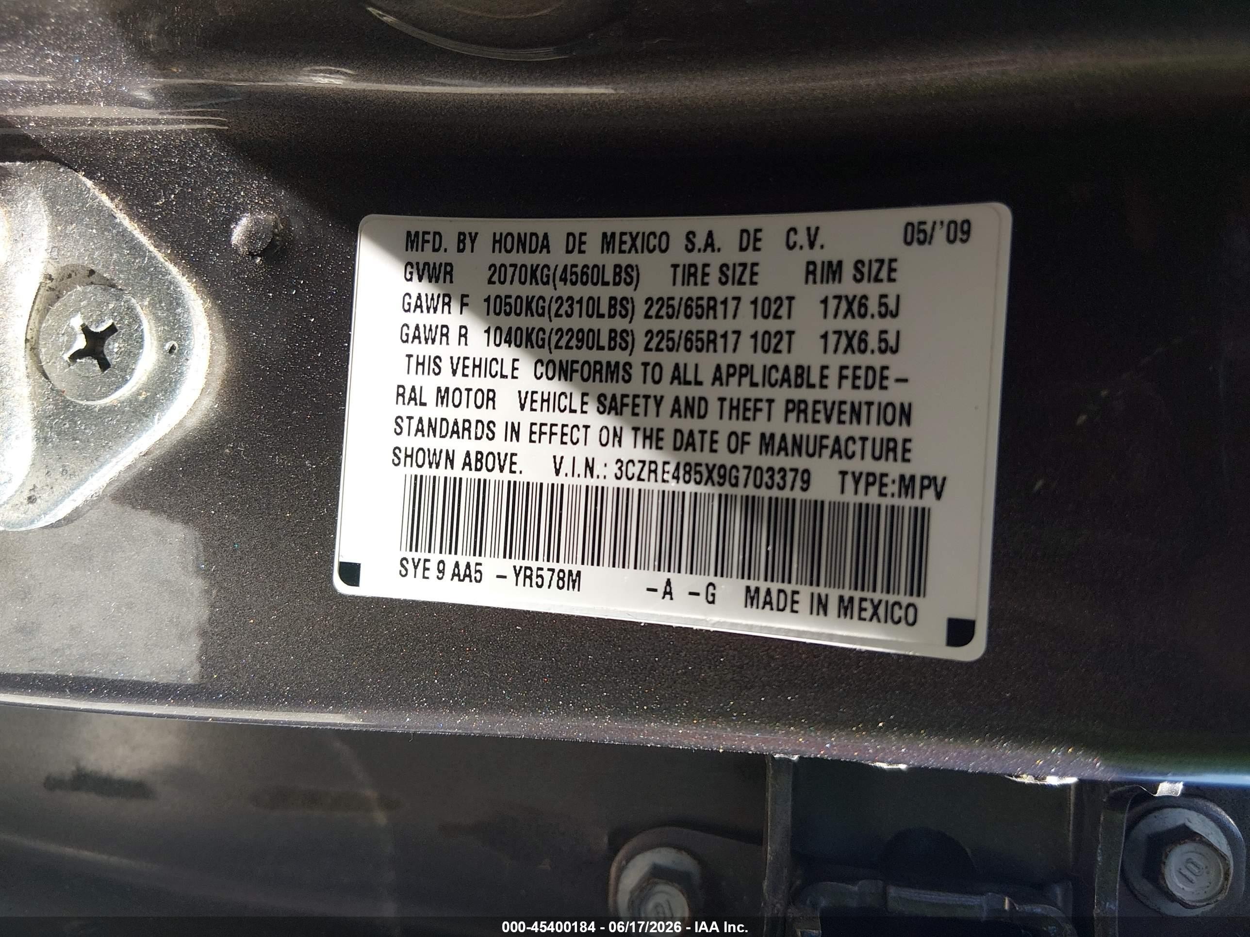 2009 Honda Cr-v Ex Gray vin: 3CZRE485X9G703379