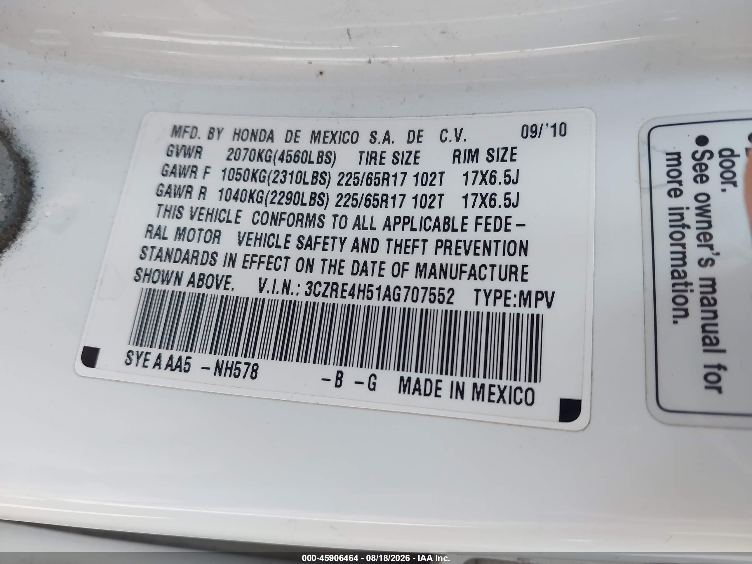 2010 Honda Cr-v Ex White vin: 3CZRE4H51AG707552