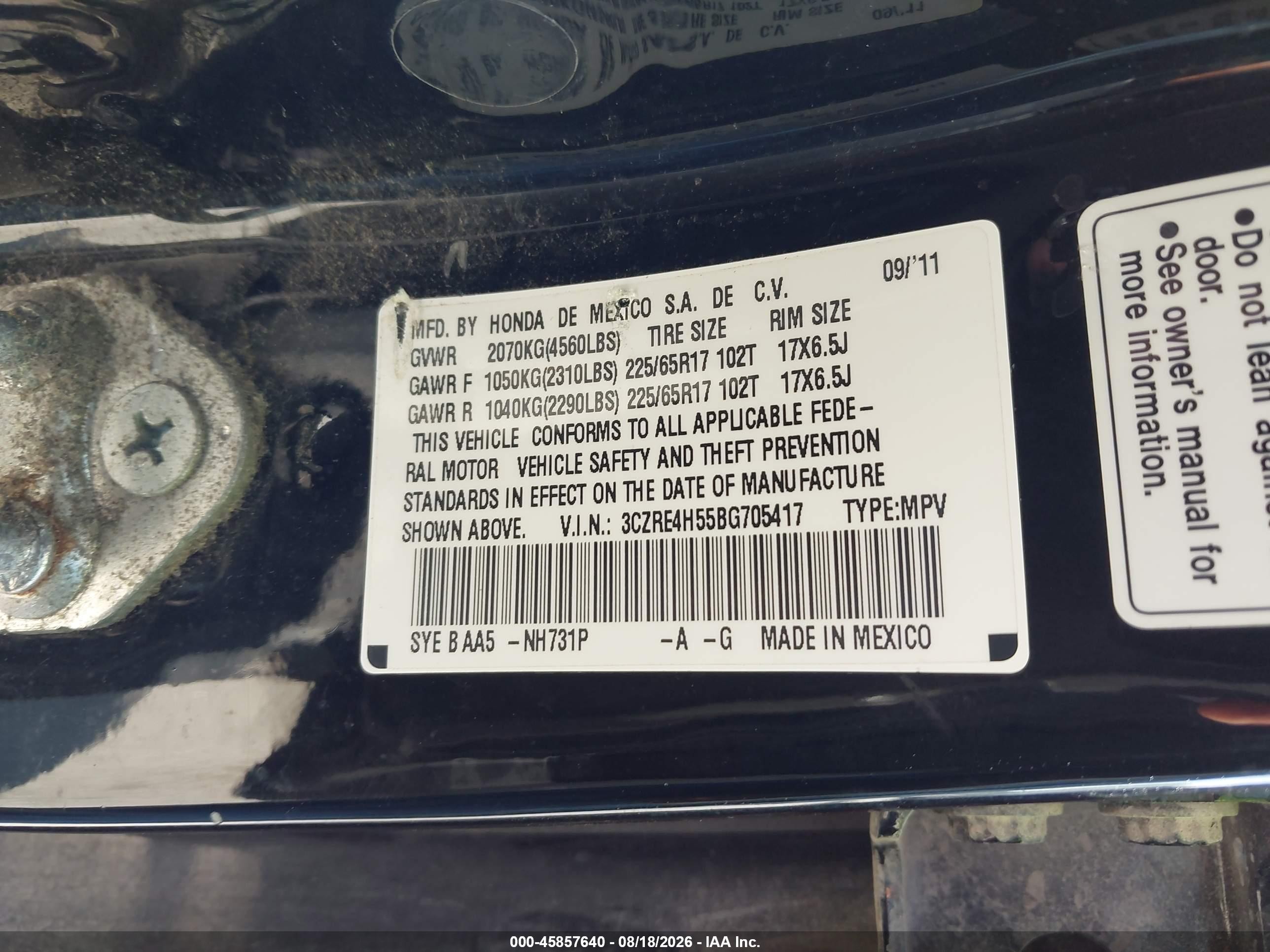 2011 Honda Cr-v Ex Black vin: 3CZRE4H55BG705417