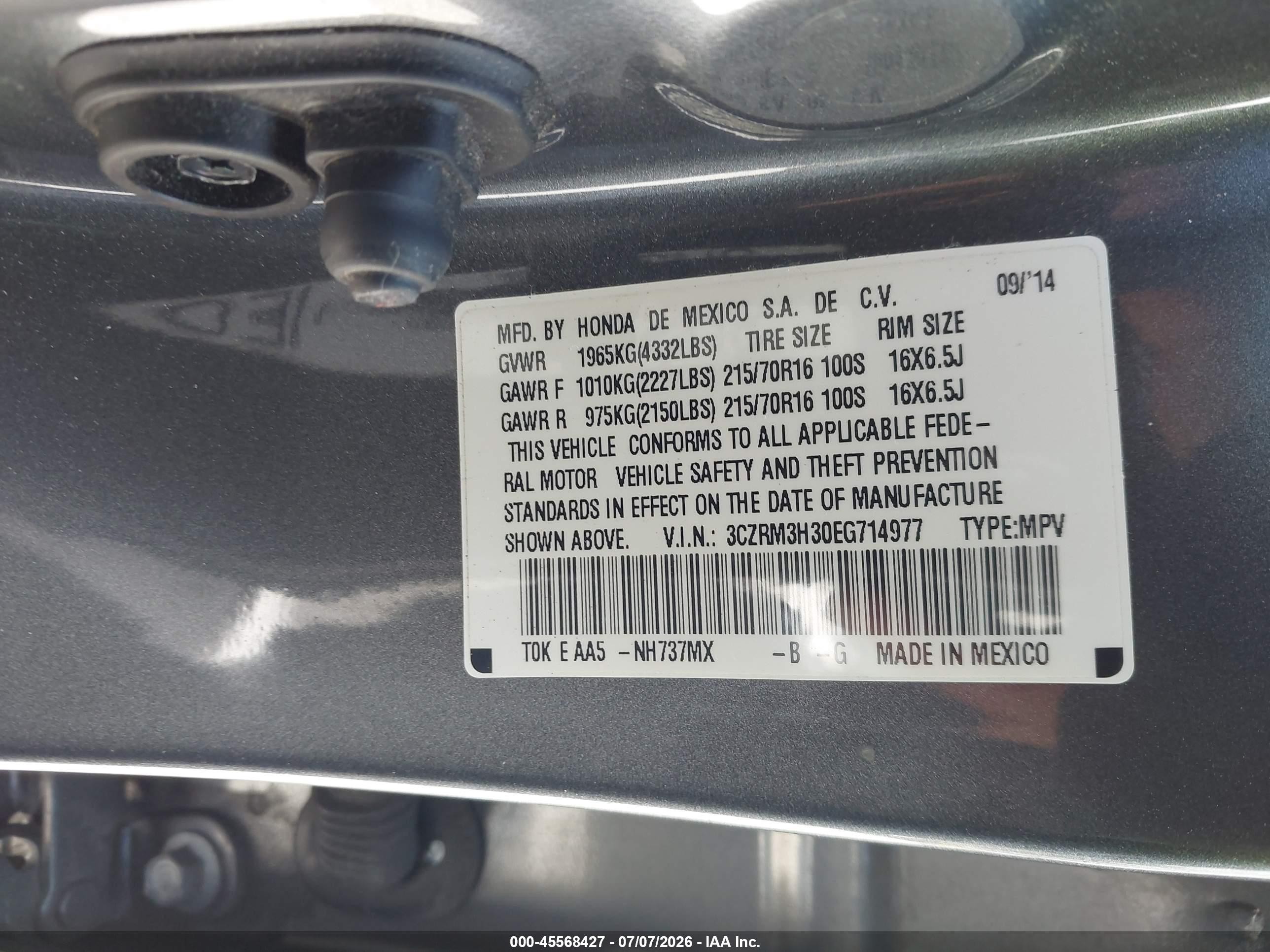 2014 Honda Cr-v Lx Gray vin: 3CZRM3H30EG714977
