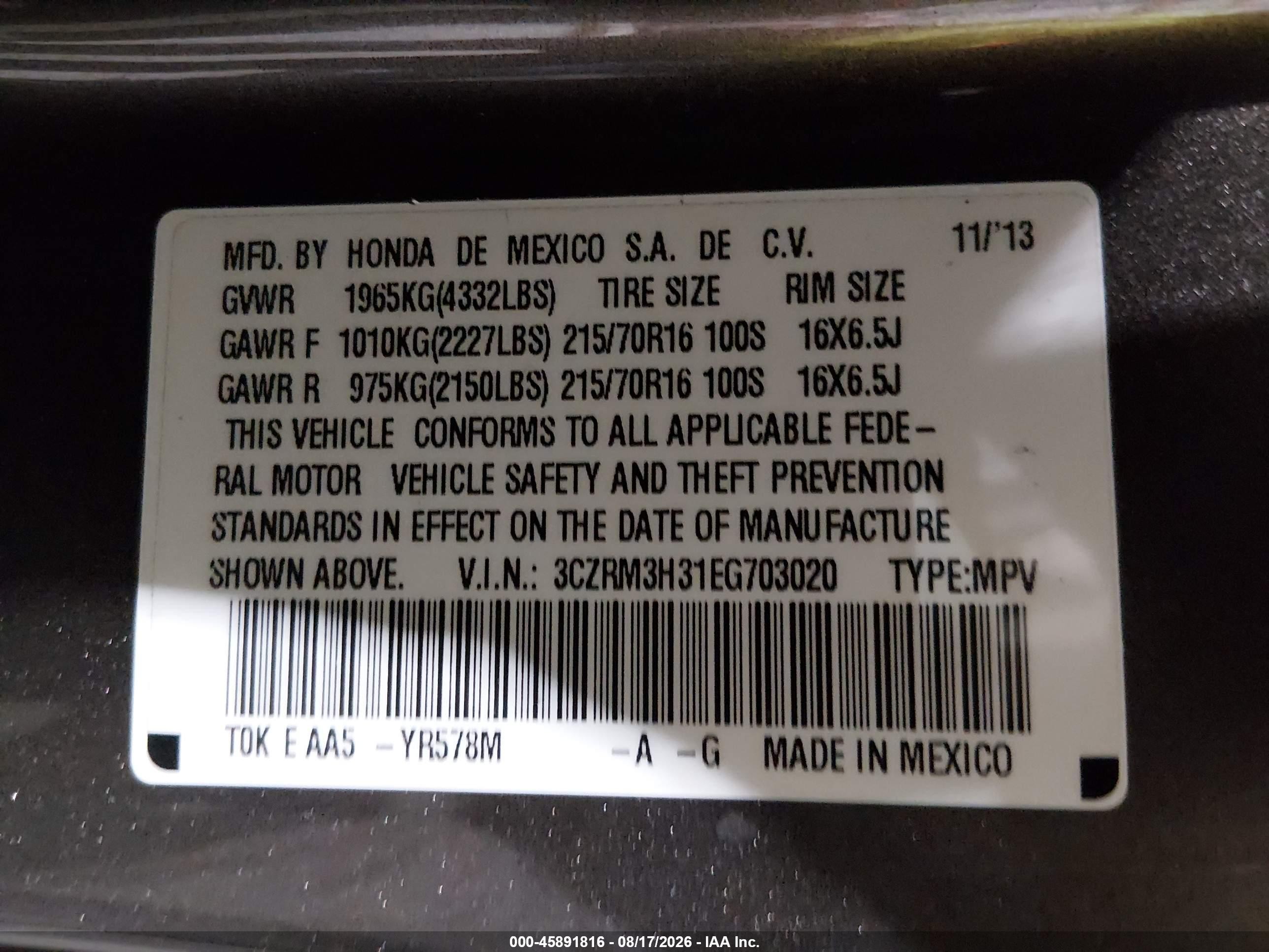 2014 Honda Cr-v Lx Gray vin: 3CZRM3H31EG703020