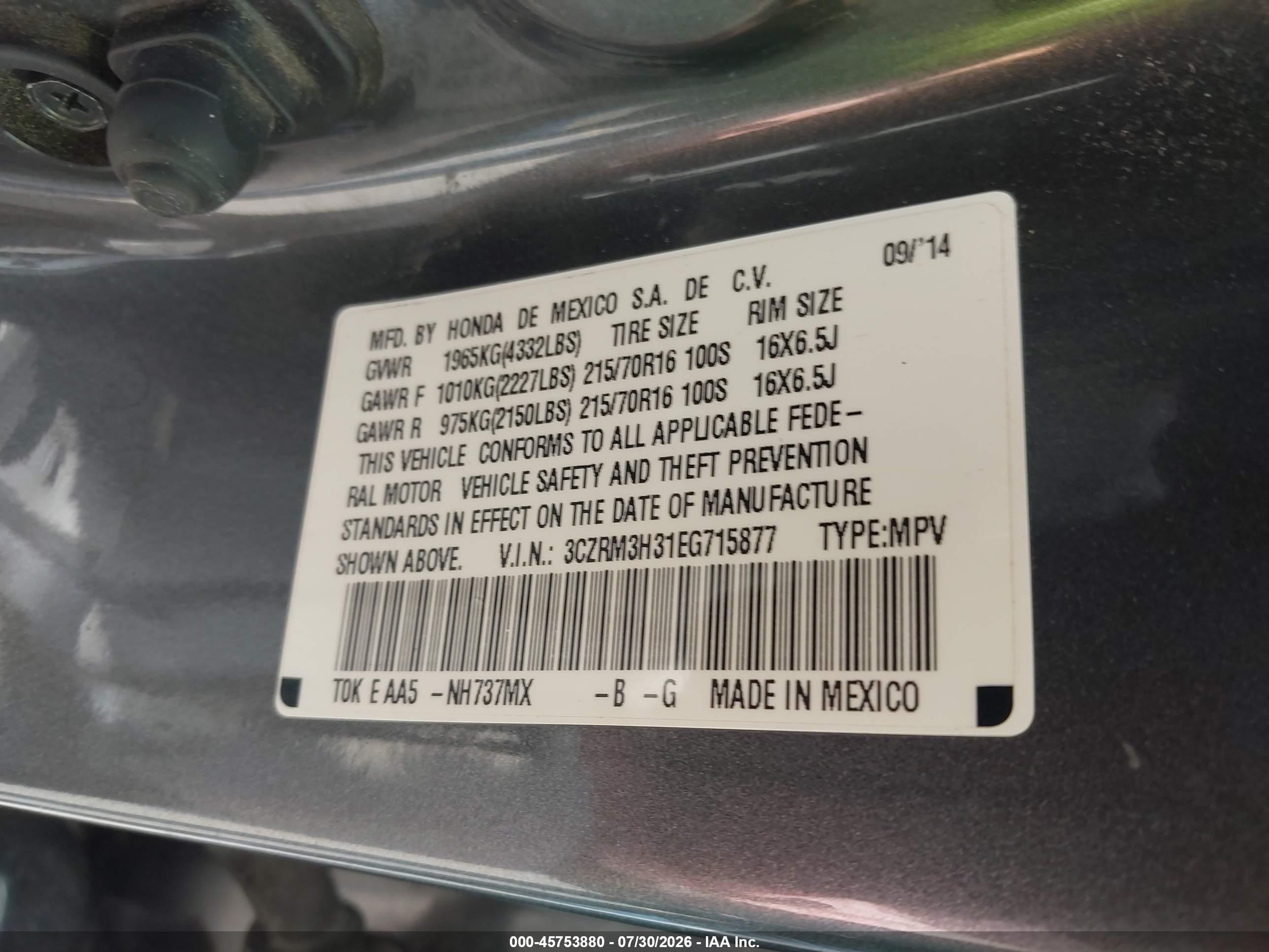 2014 Honda Cr-v Lx Gray vin: 3CZRM3H31EG715877