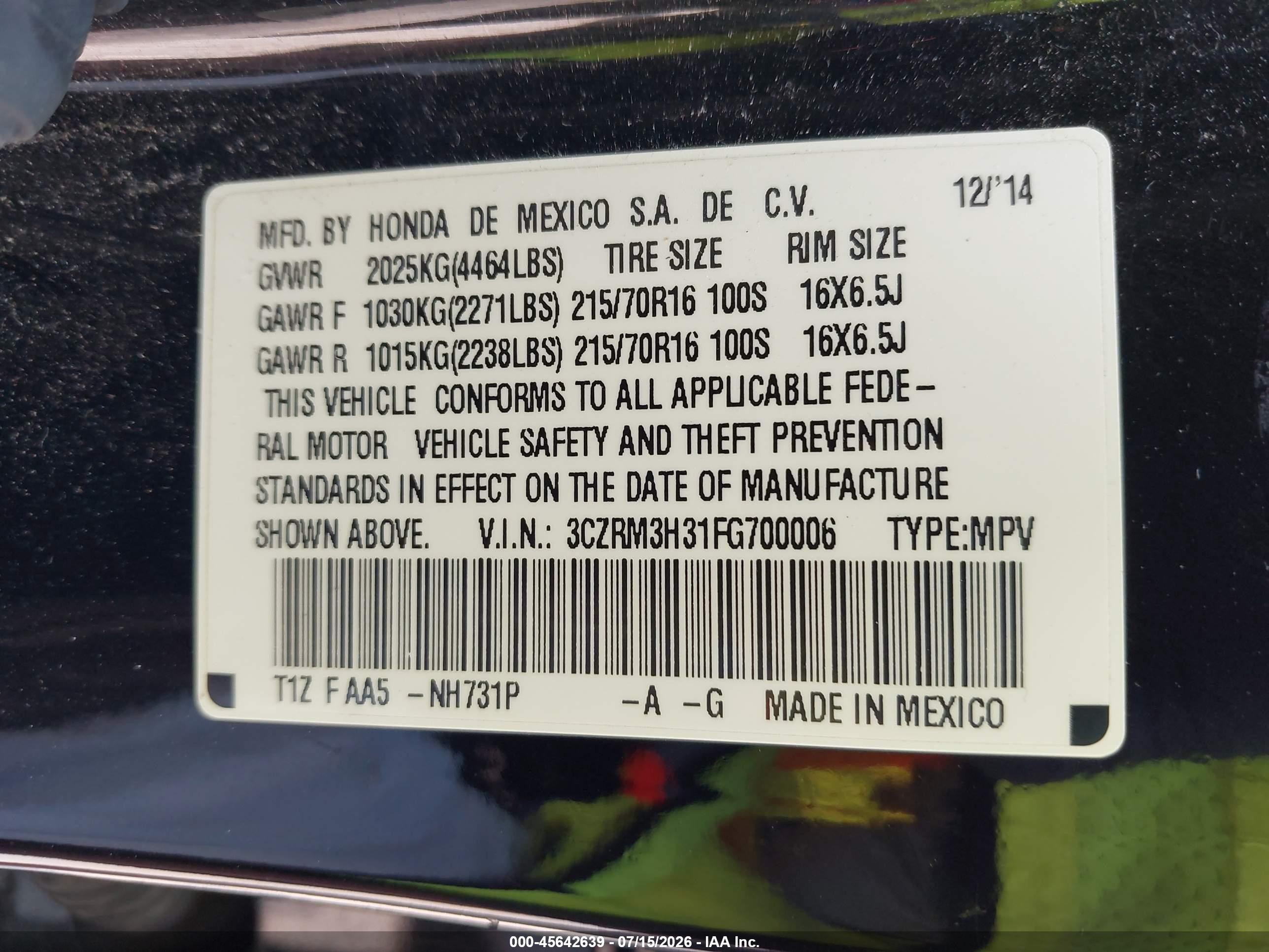 2015 Honda Cr-v Lx Black vin: 3CZRM3H31FG700006