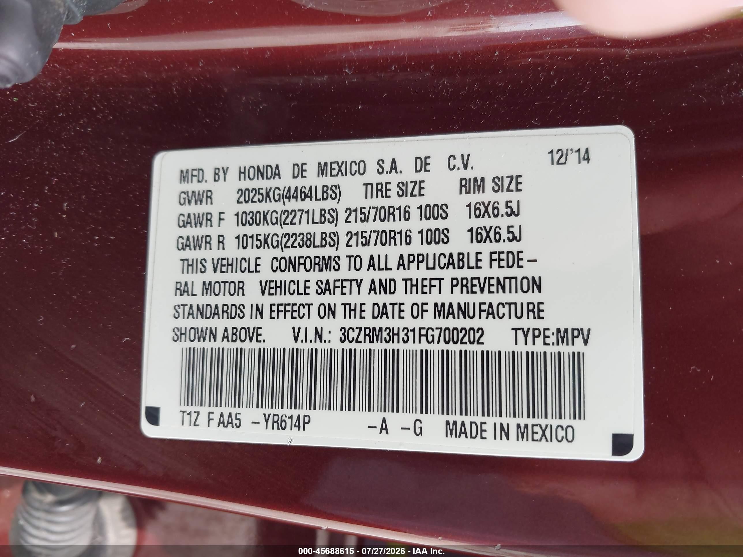 2015 Honda Cr-v Lx Бордовый vin: 3CZRM3H31FG700202