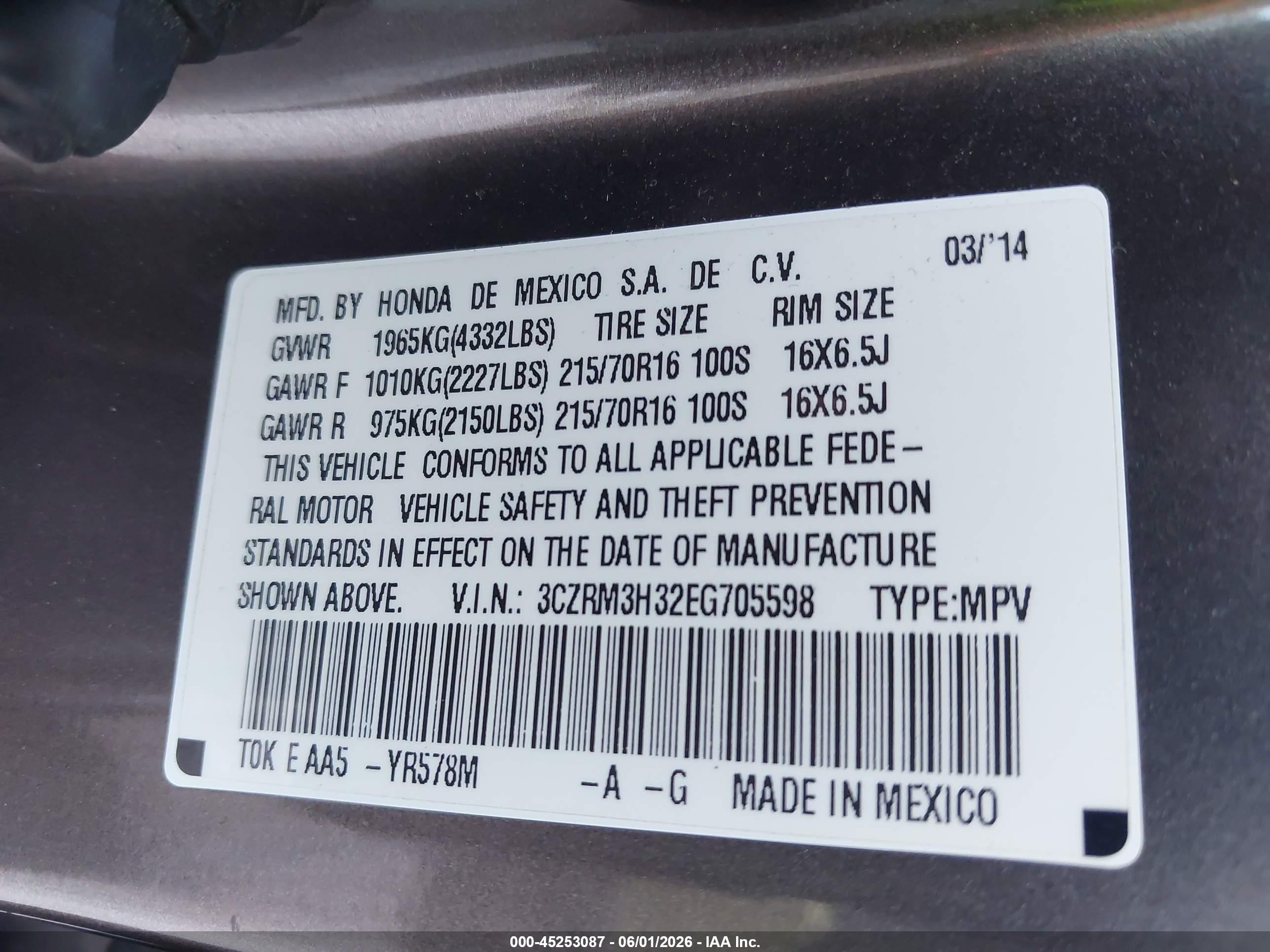 2014 Honda Cr-v Lx Gray vin: 3CZRM3H32EG705598