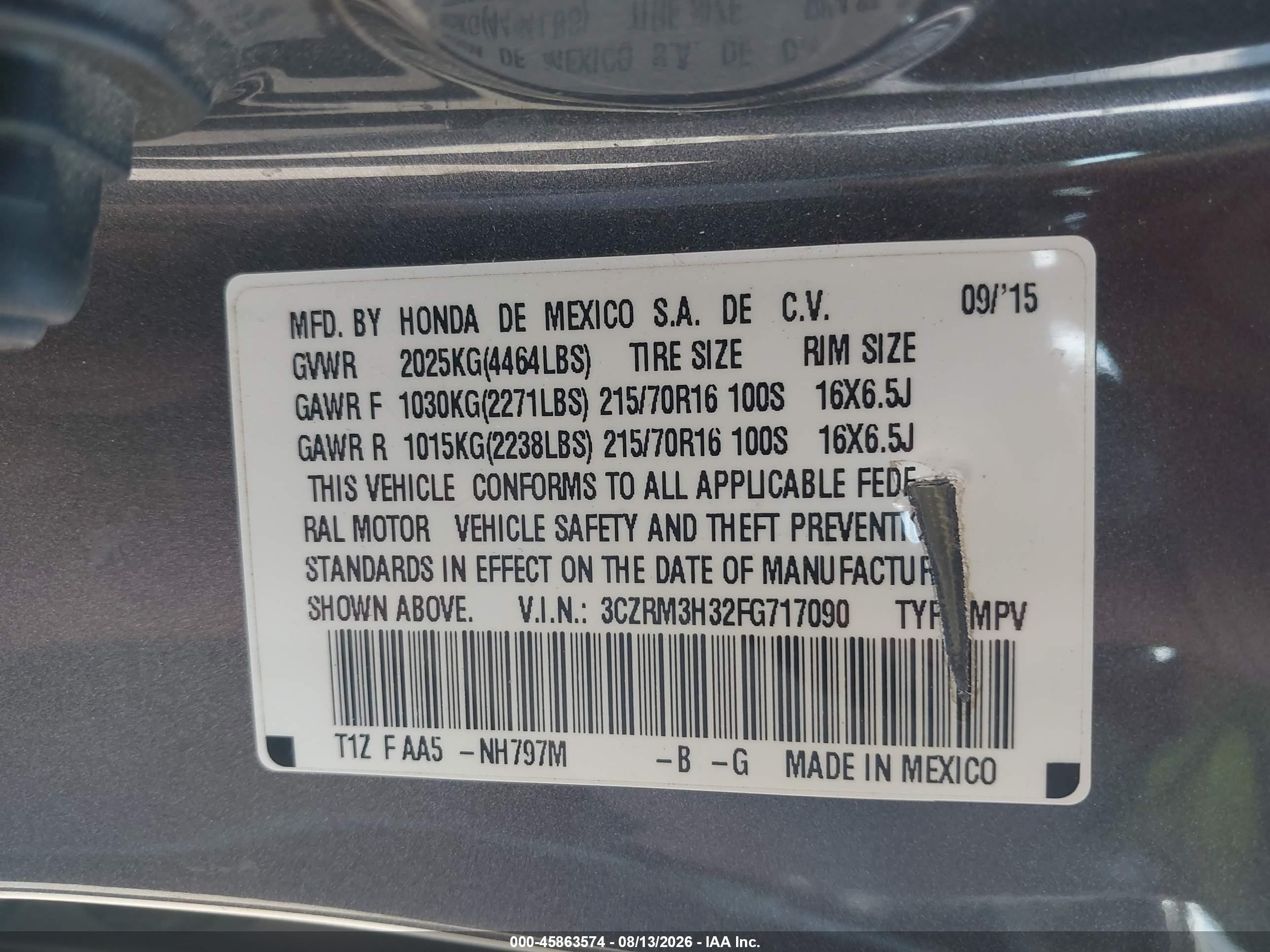 2015 Honda Cr-v Lx Gray vin: 3CZRM3H32FG717090