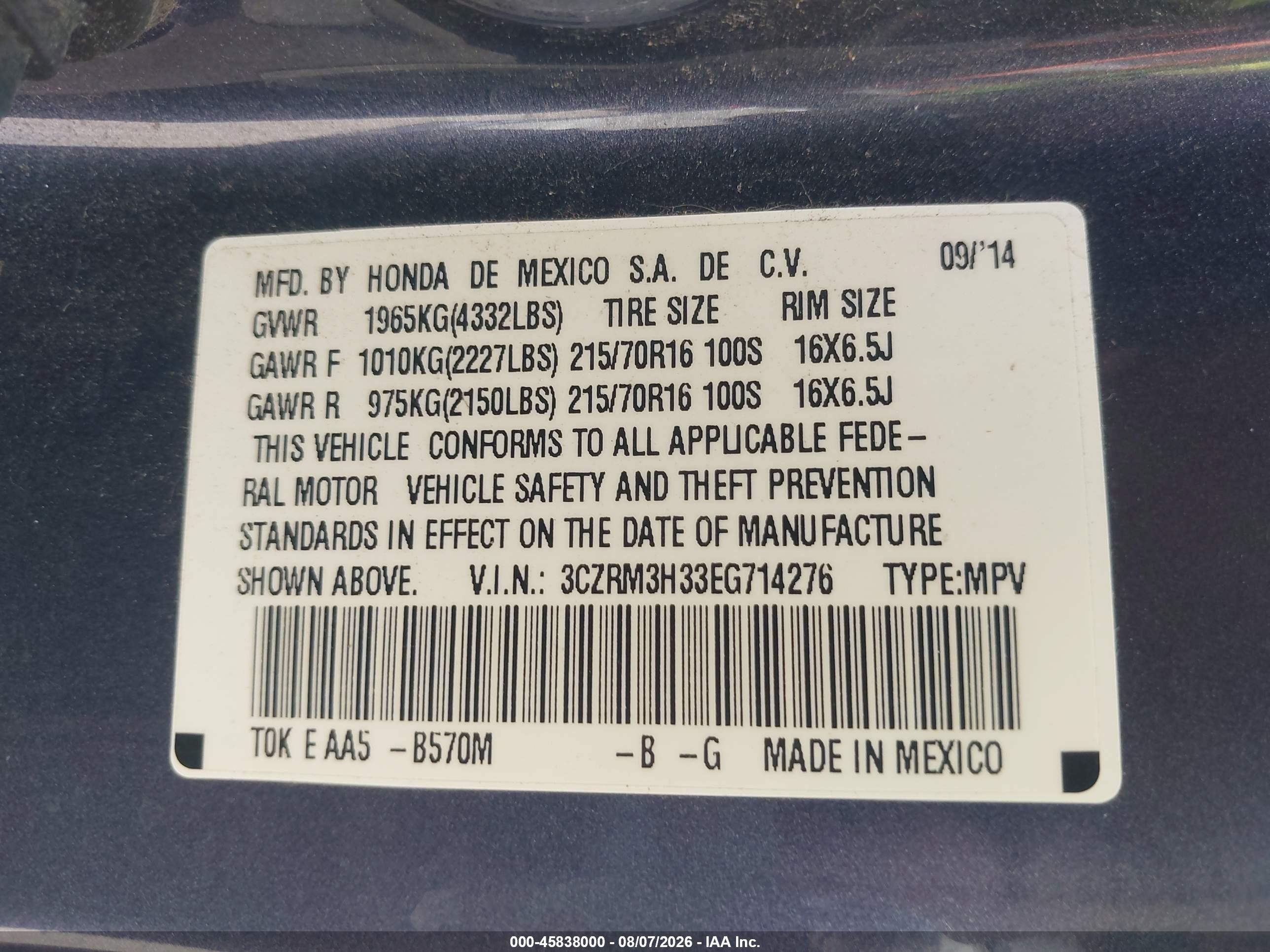 2014 Honda Cr-v Lx Blue vin: 3CZRM3H33EG714276