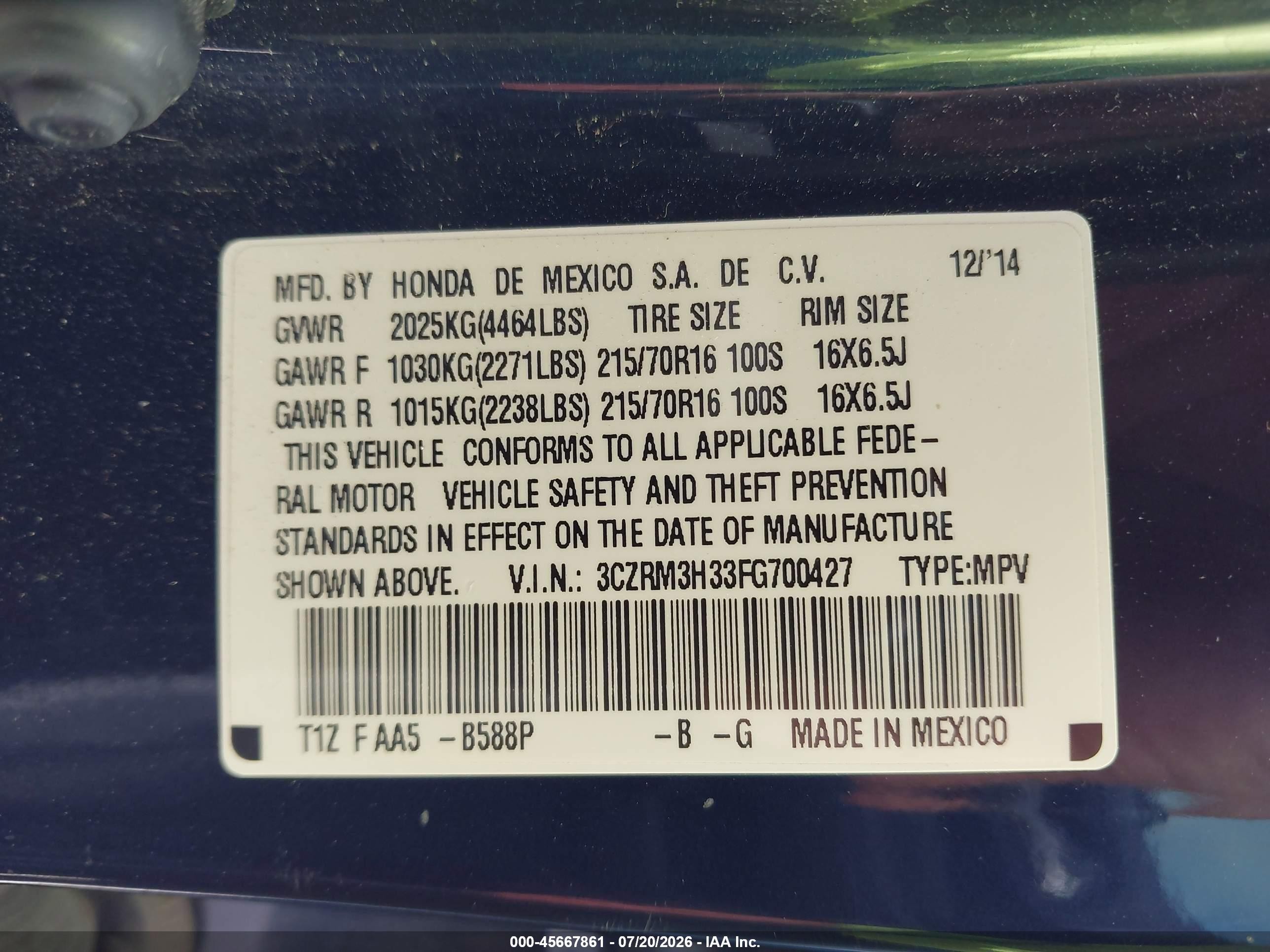 2015 Honda Cr-v Lx Blue vin: 3CZRM3H33FG700427