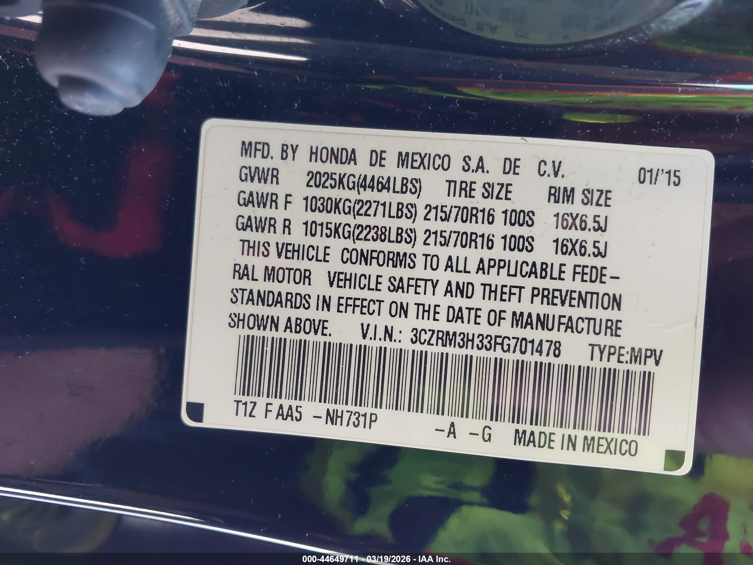 2015 Honda Cr-v Lx Black vin: 3CZRM3H33FG701478