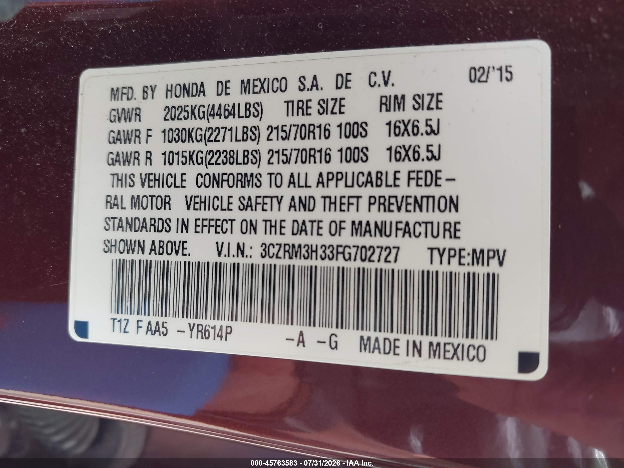 2015 Honda Cr-v Lx Burgundy vin: 3CZRM3H33FG702727