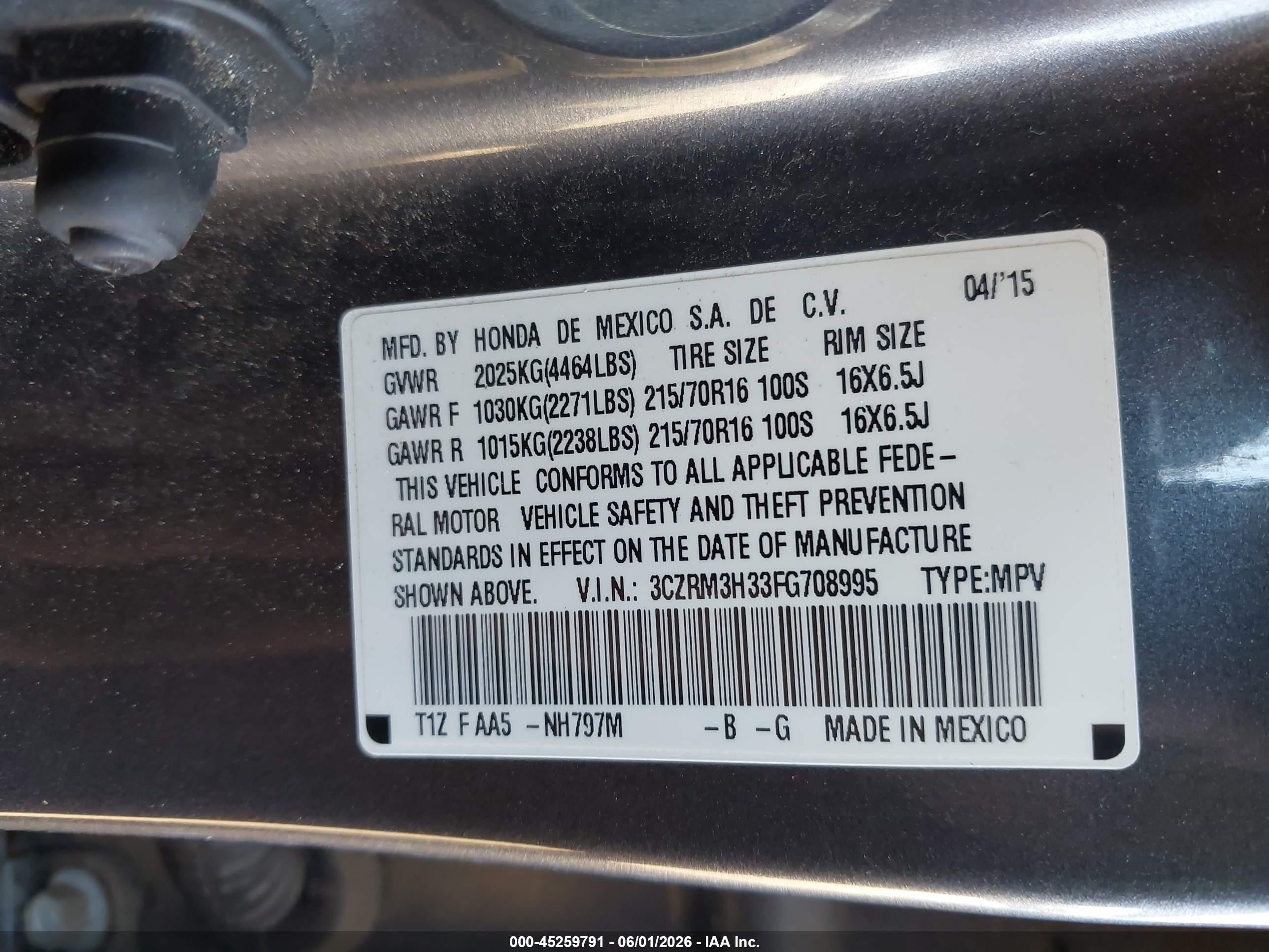 2015 Honda Cr-v Lx Gray vin: 3CZRM3H33FG708995