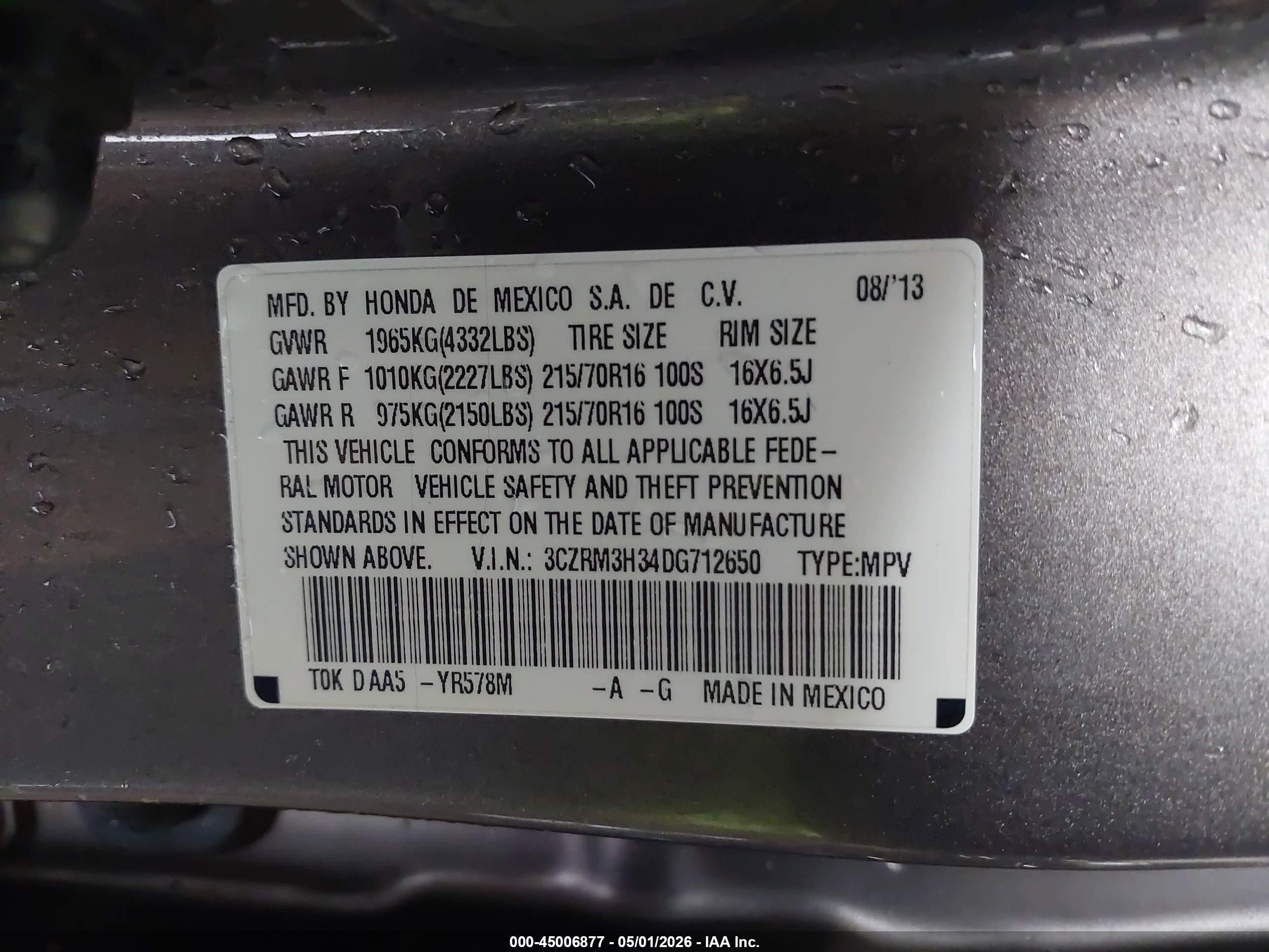 2013 Honda Cr-v Lx Beige vin: 3CZRM3H34DG712650