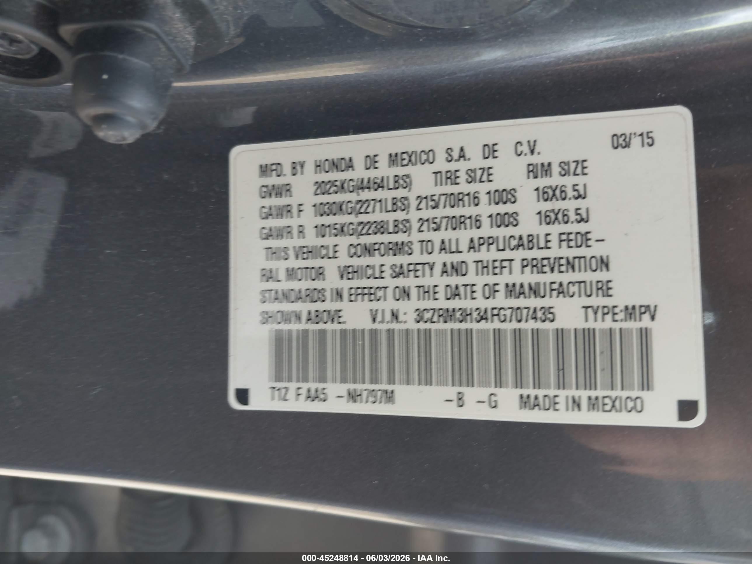 2015 Honda Cr-v Lx Серый vin: 3CZRM3H34FG707435