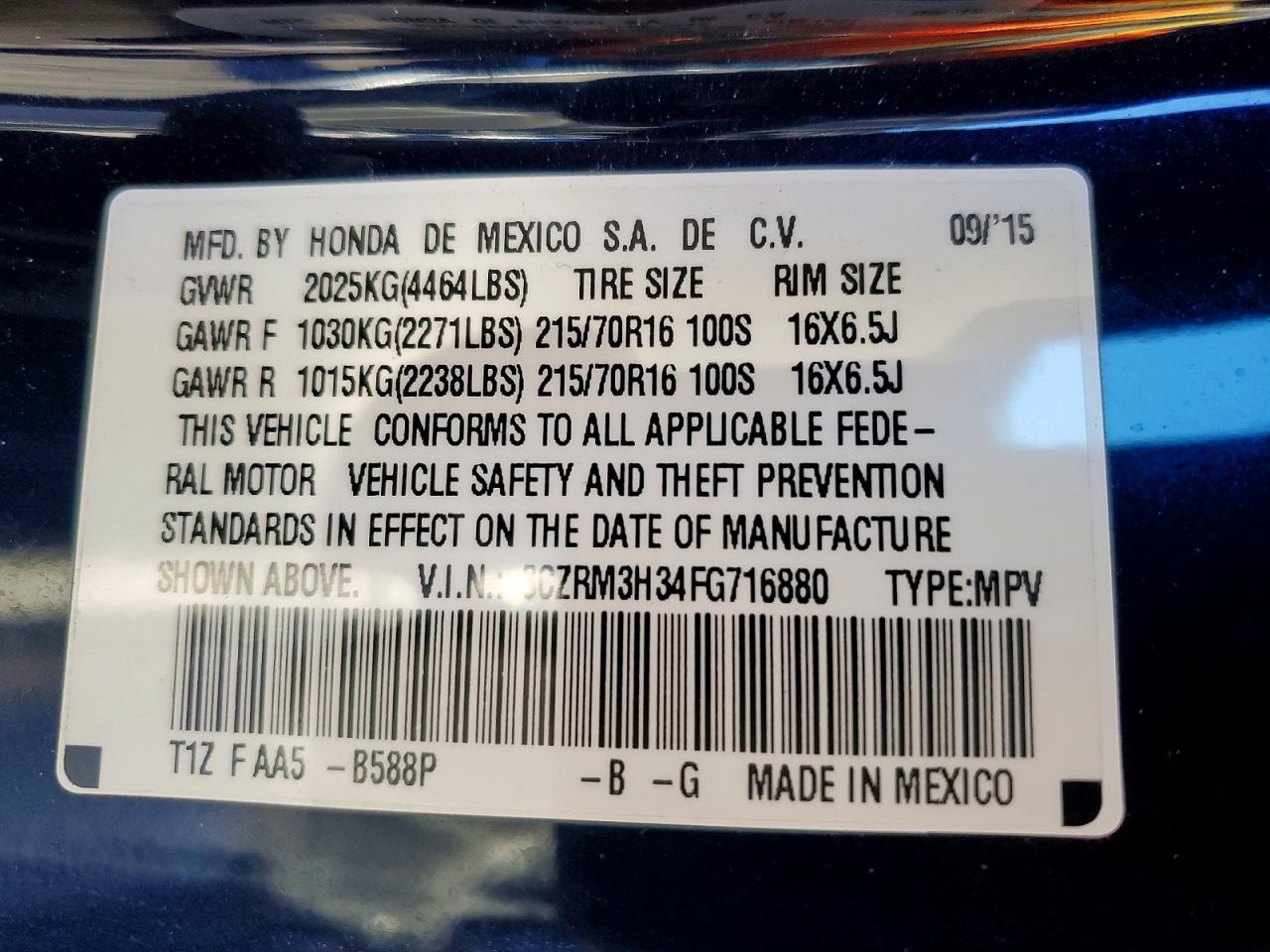 2015 Honda Cr-v Lx Blue vin: 3CZRM3H34FG716880